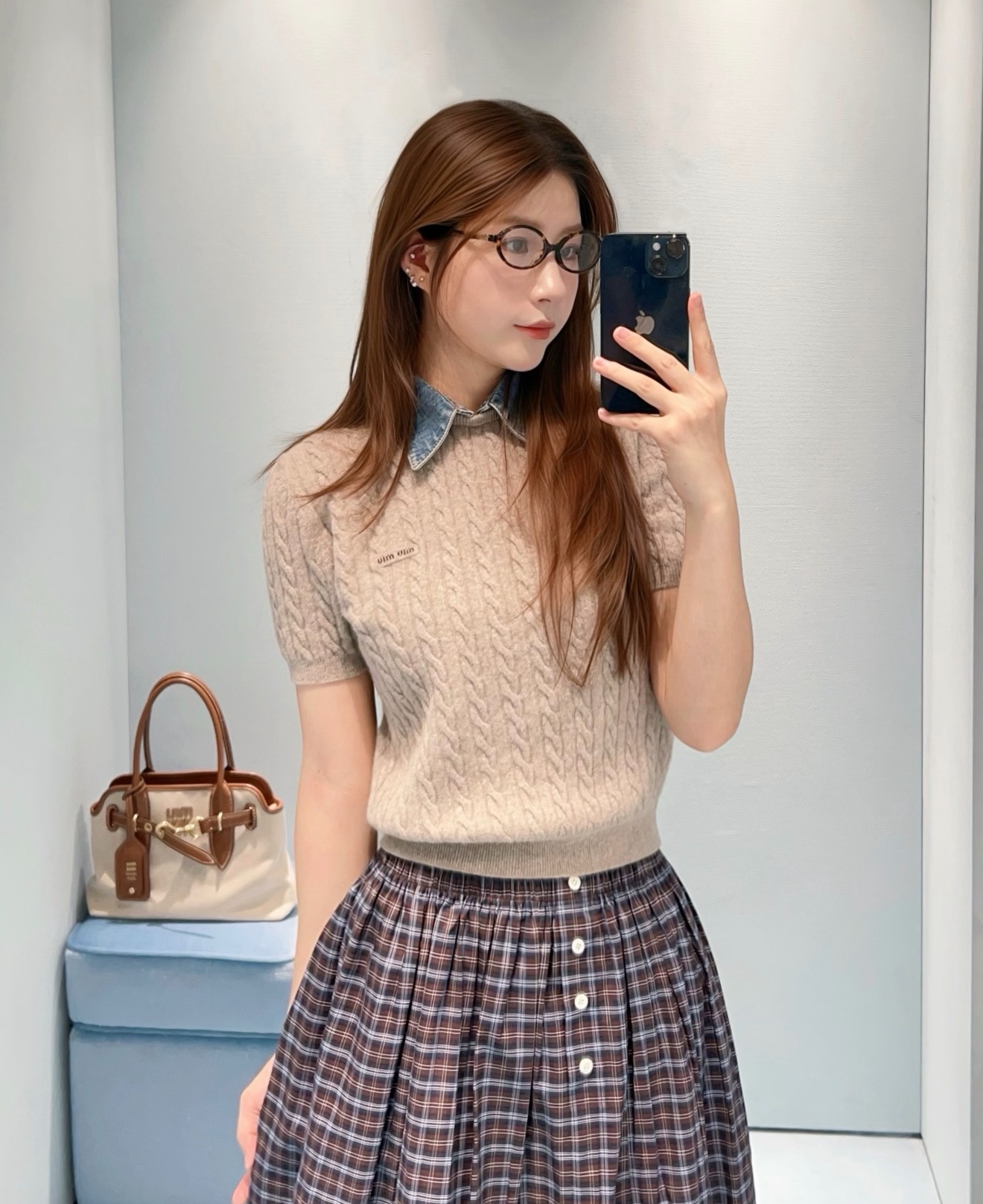 Miu 26fw denim collar knit top