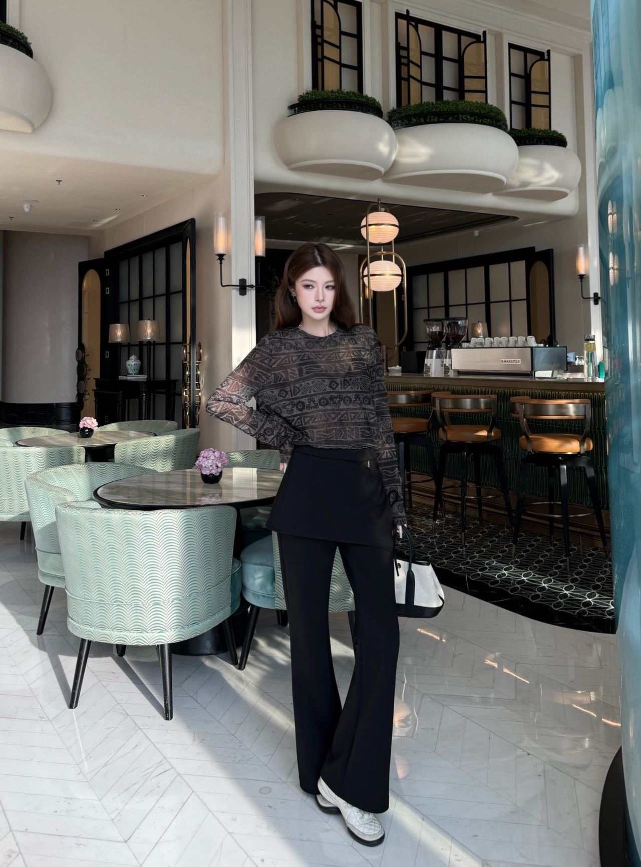 Sain 26fw asymmetric skirt-overlay flared pants