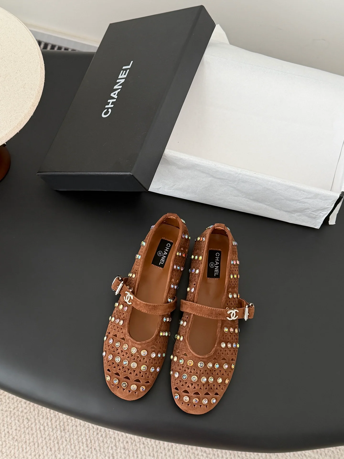 Chan 26ss mary jane hollow rhinestone shoes