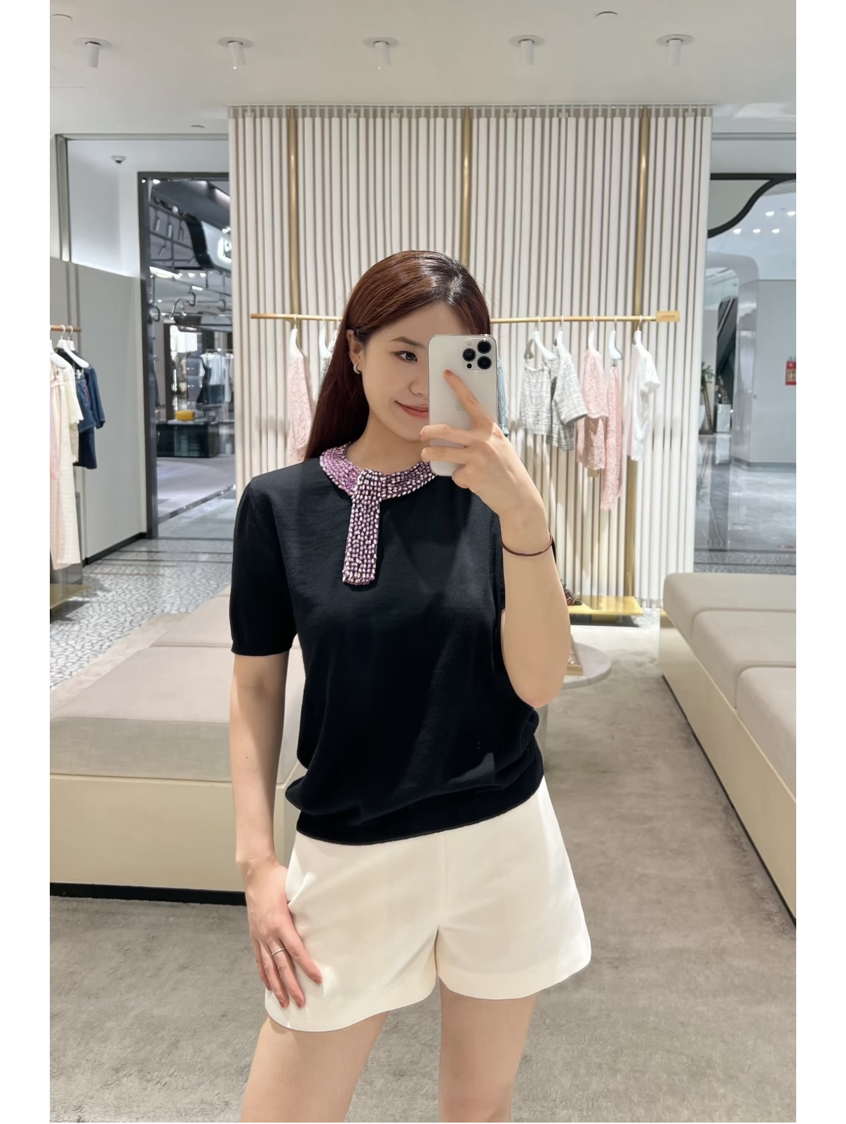 Valen 26fw rhinestone ribbon knit top