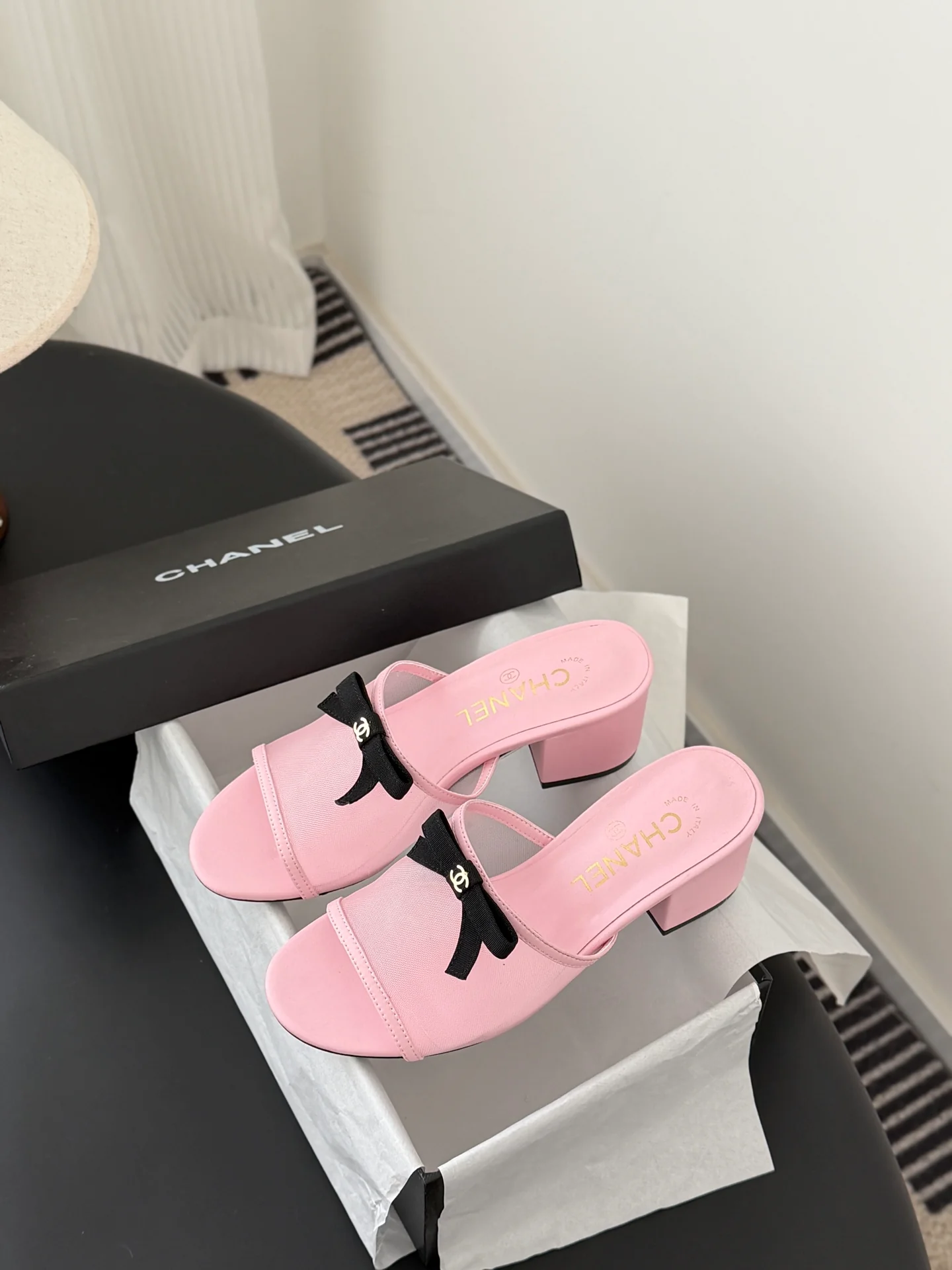 Chan 26ss bow mesh chunky heels slides
