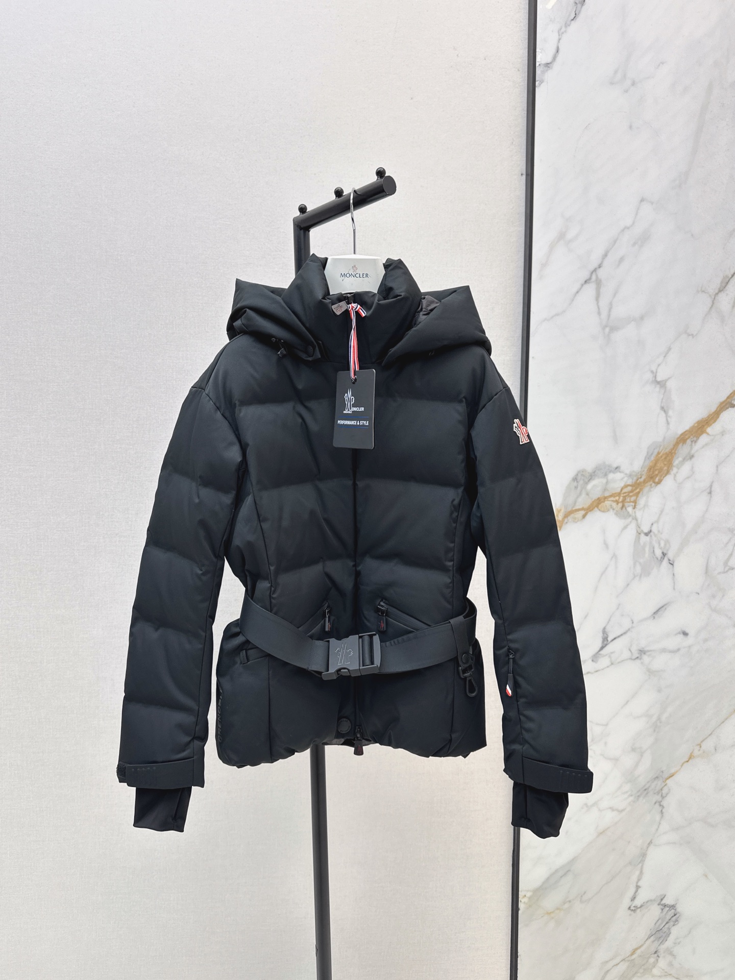Monc 26fw belted hooded down jacket