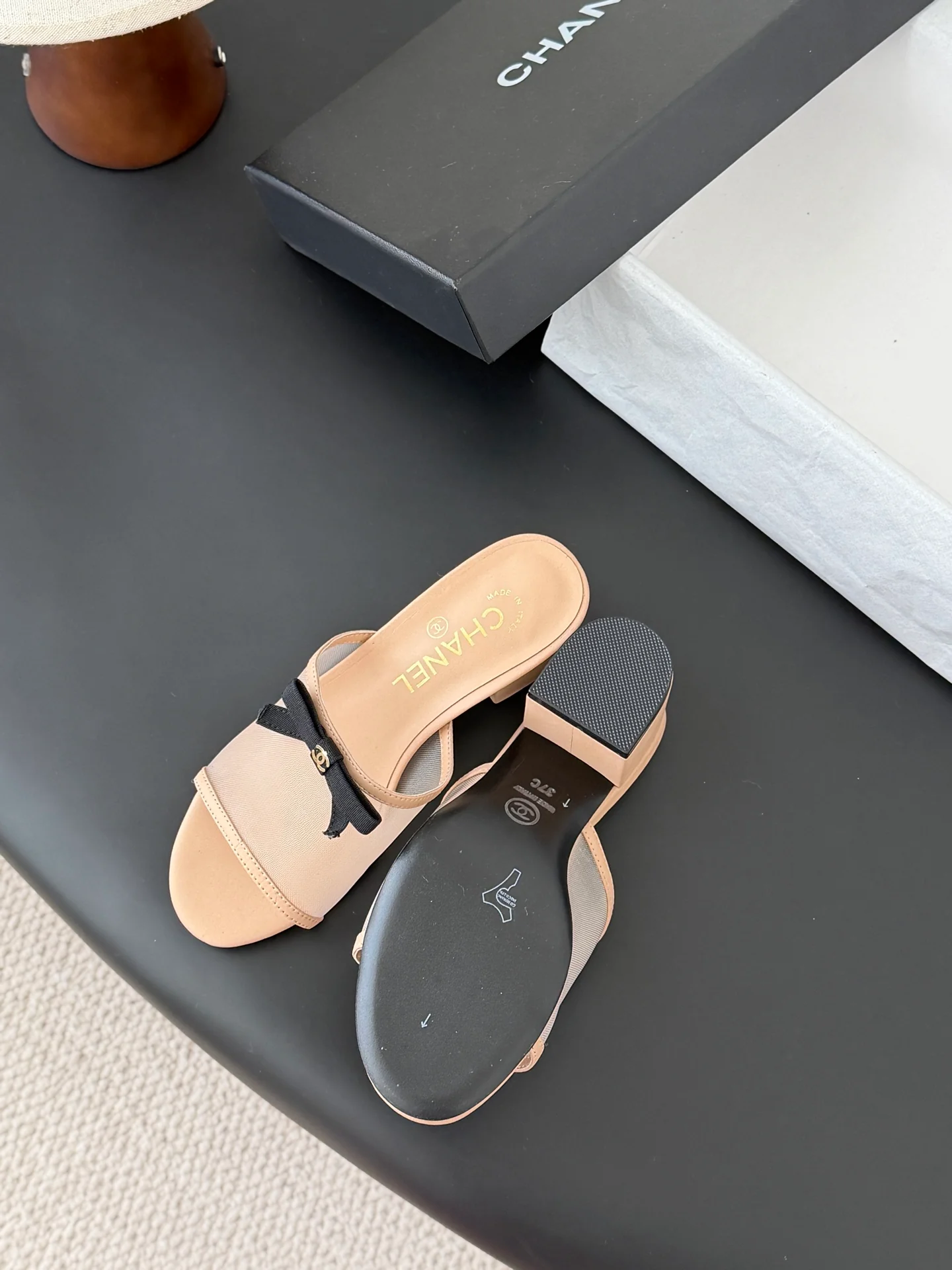Chan 26ss bow mesh chunky heels slides