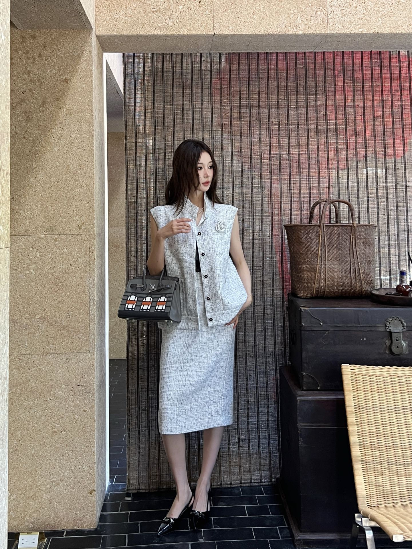 Chan 26ss woven vest skirt sets