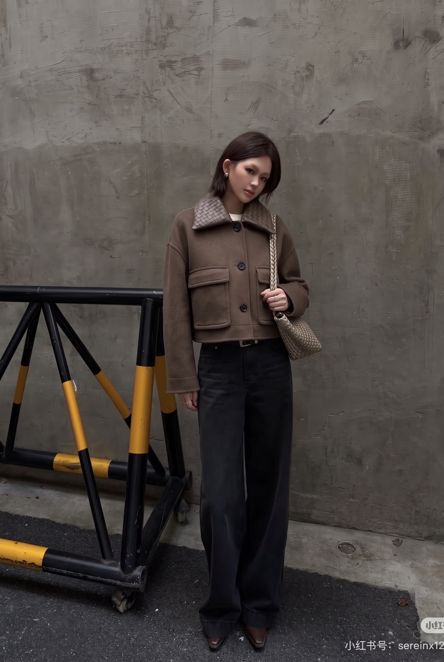 Bott 26fw leather woven neck cropped jacket