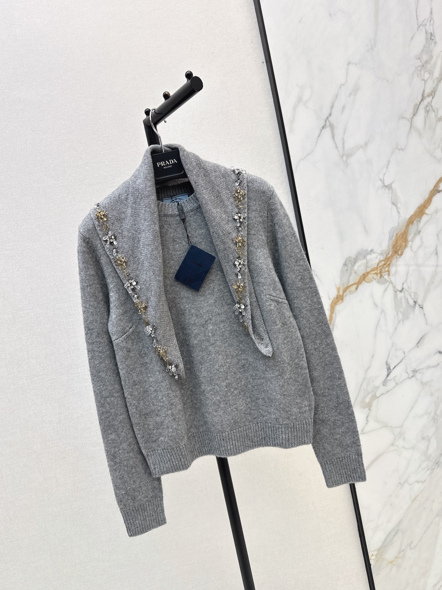 Pra 26fw beading shawl cashmere sweater