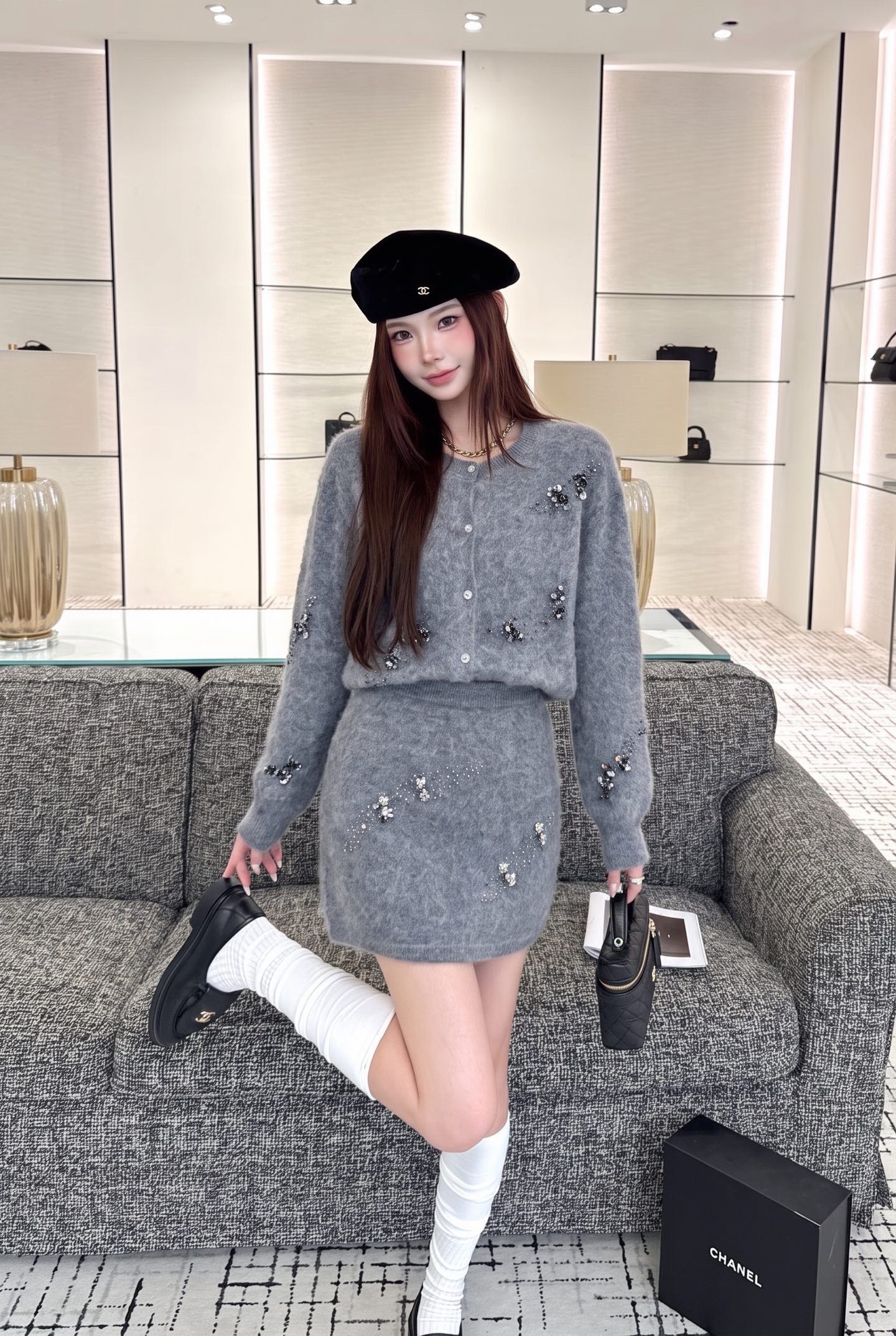 Miu 26fw beading sequin knit sweater skirt sets