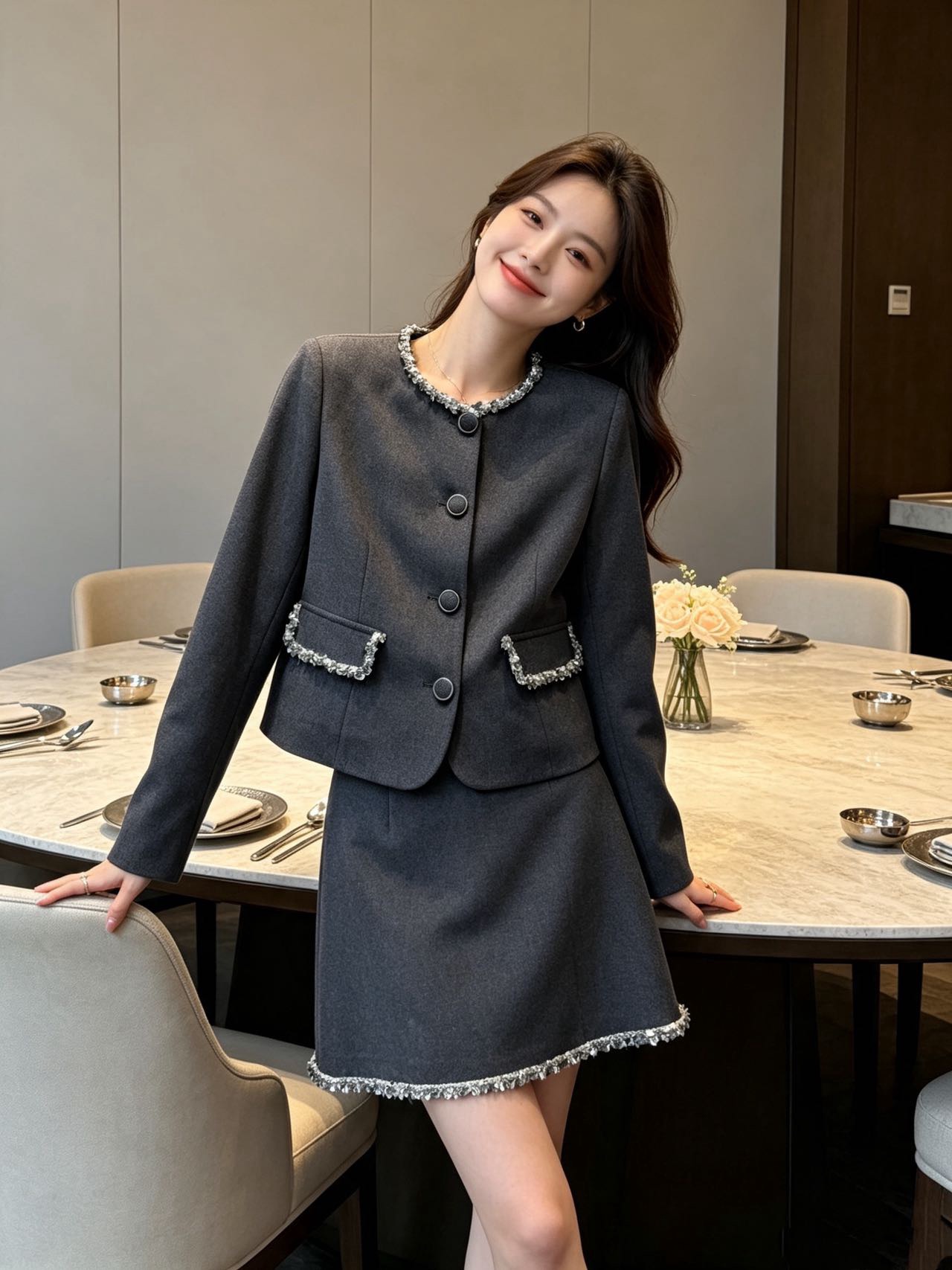 Chan 26fw deading cropped jacket mini skirt sets