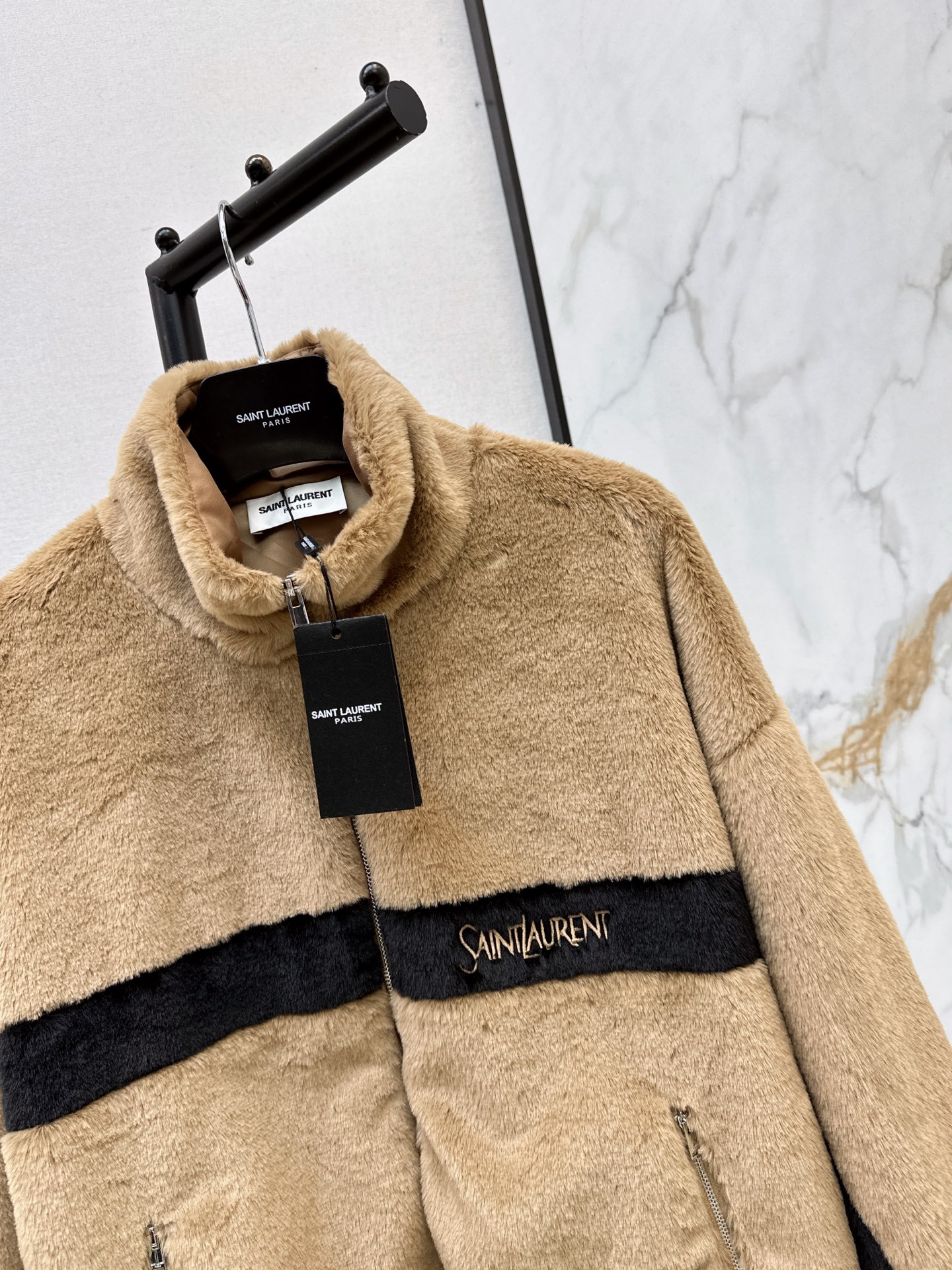 Sain 26fw contrast-panel plush fleece zip jacket