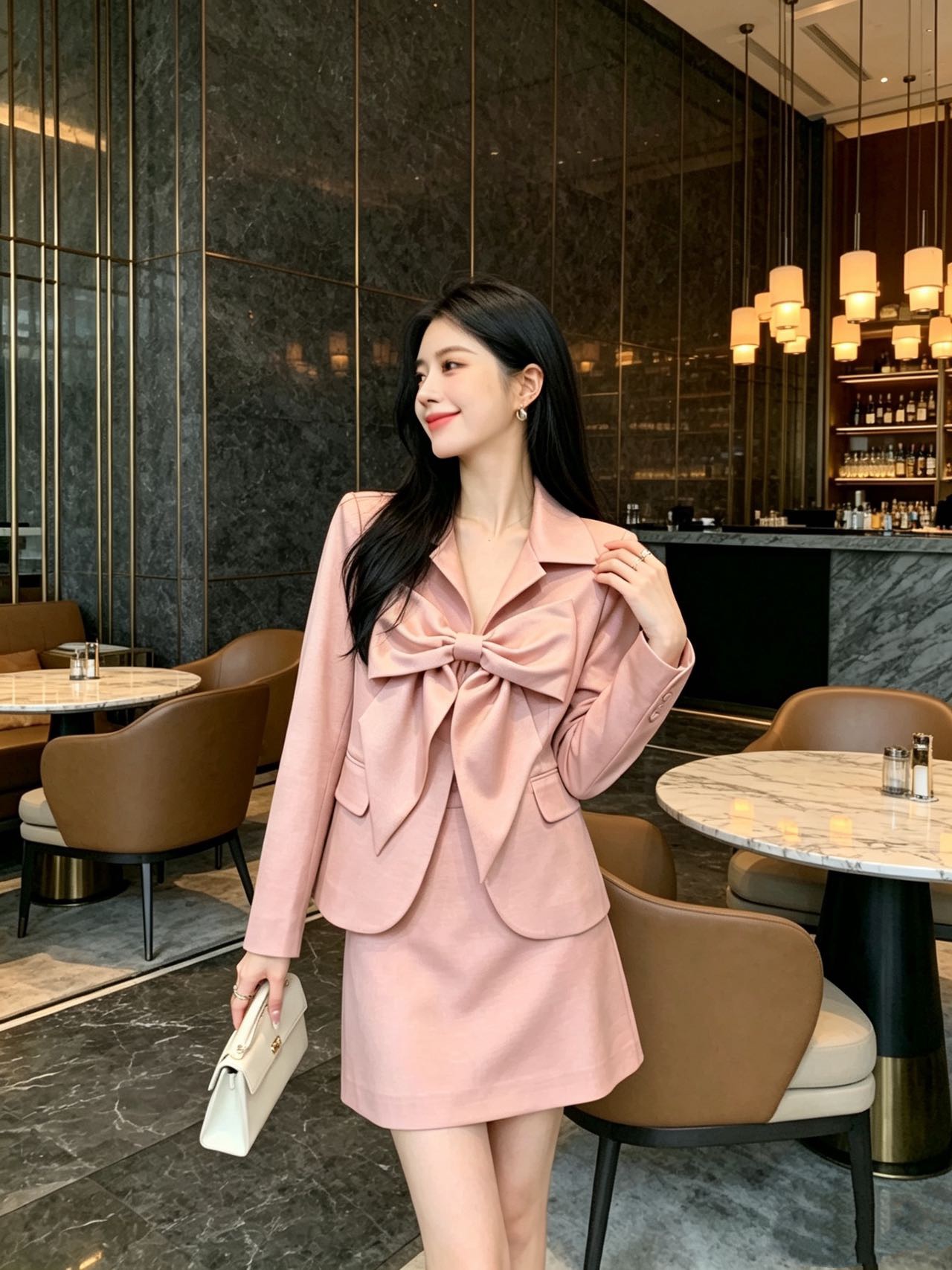 Chan 26fw bow blazer A-line skirt sets