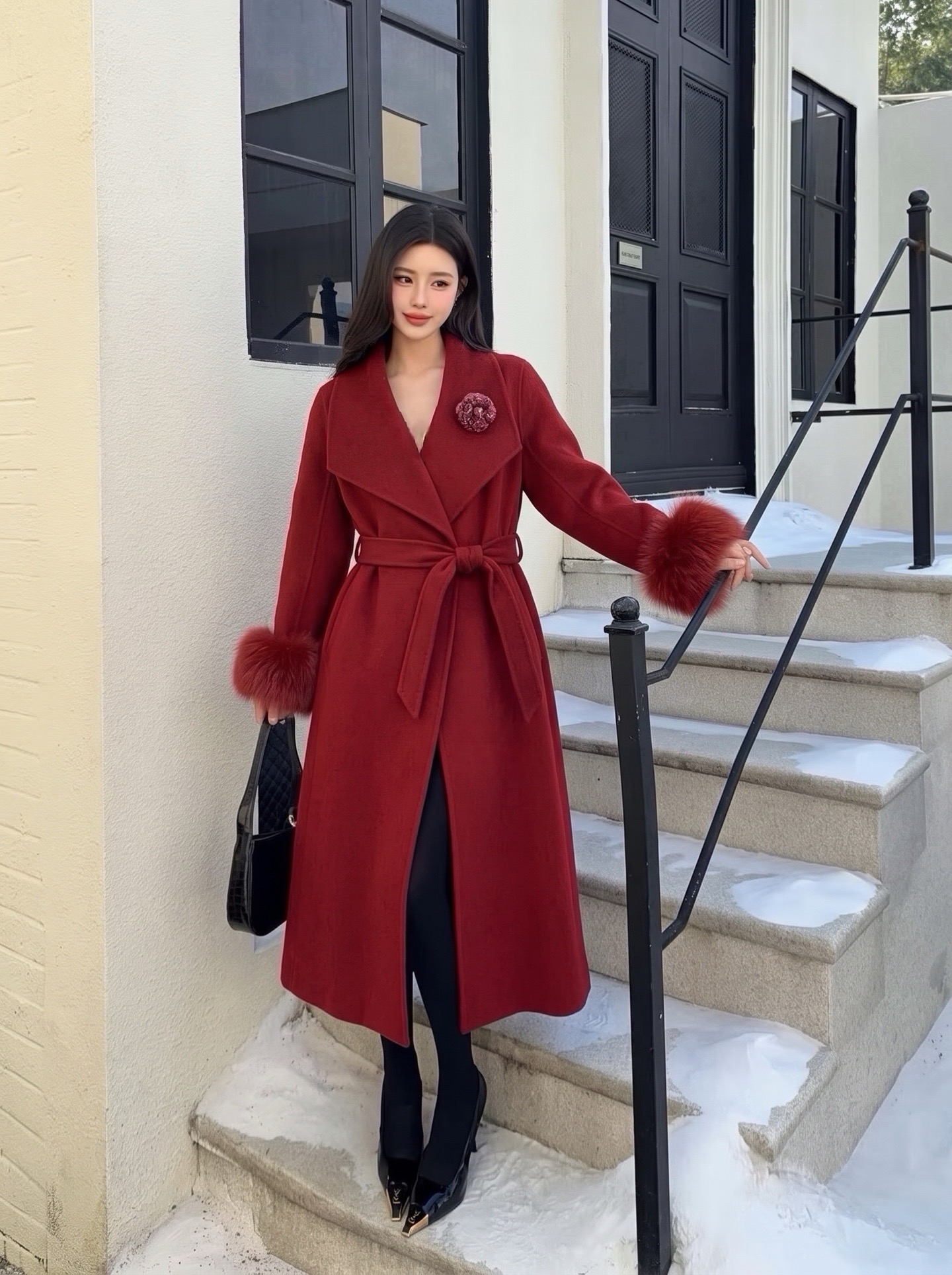 Chan 26fw belted long coat with fur-effect cuffs