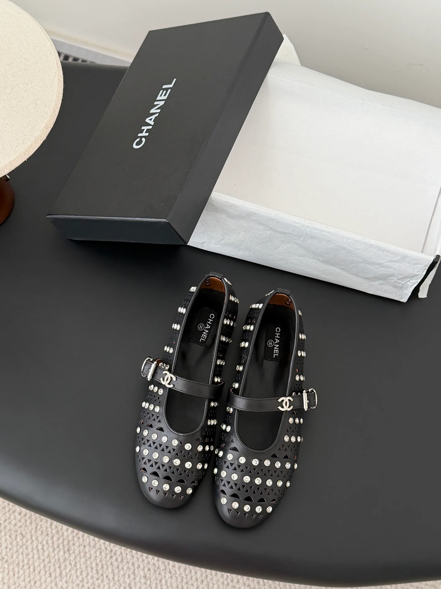 Chan 26ss mary jane hollow rhinestone shoes