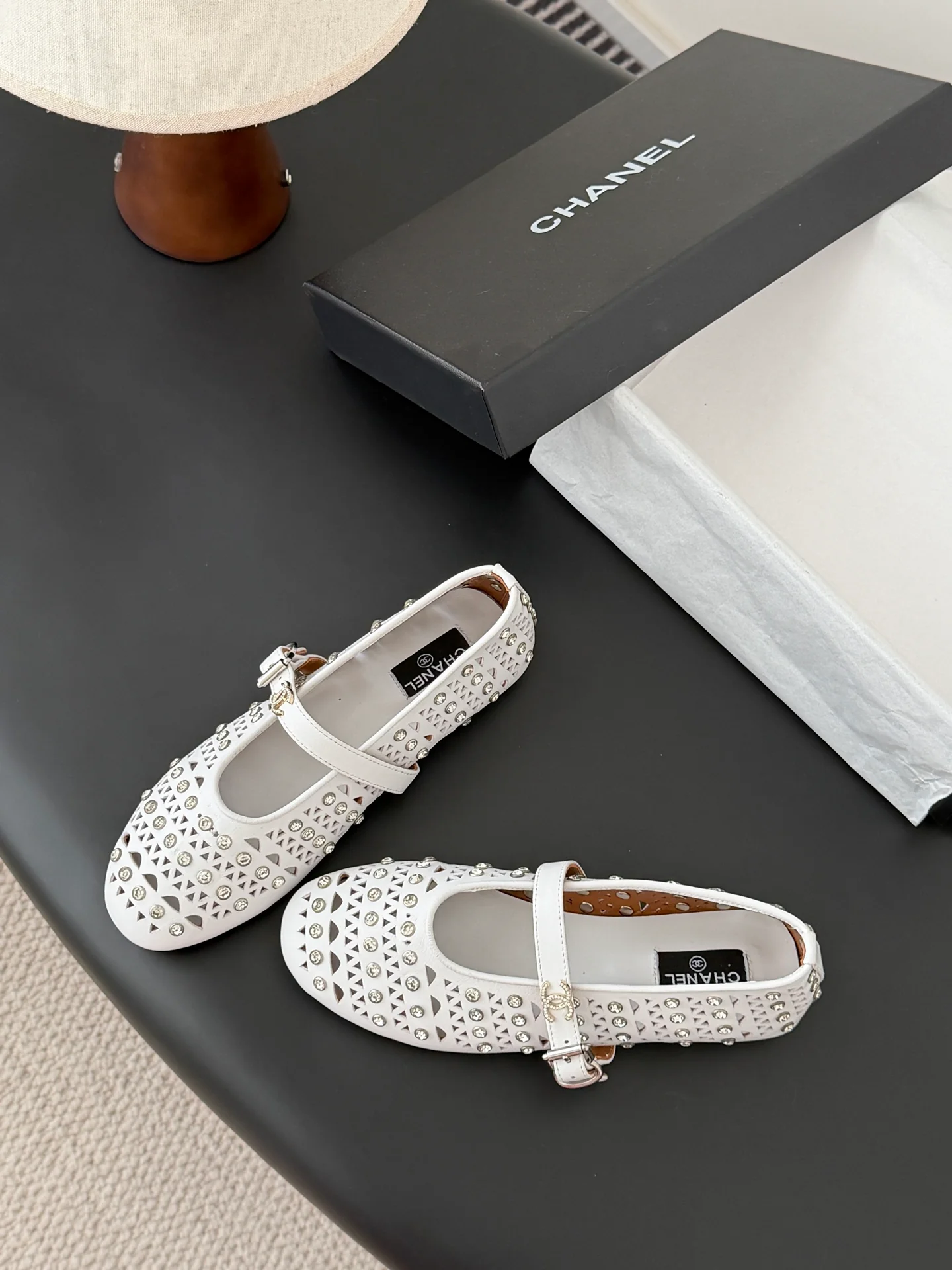 Chan 26ss mary jane hollow rhinestone shoes