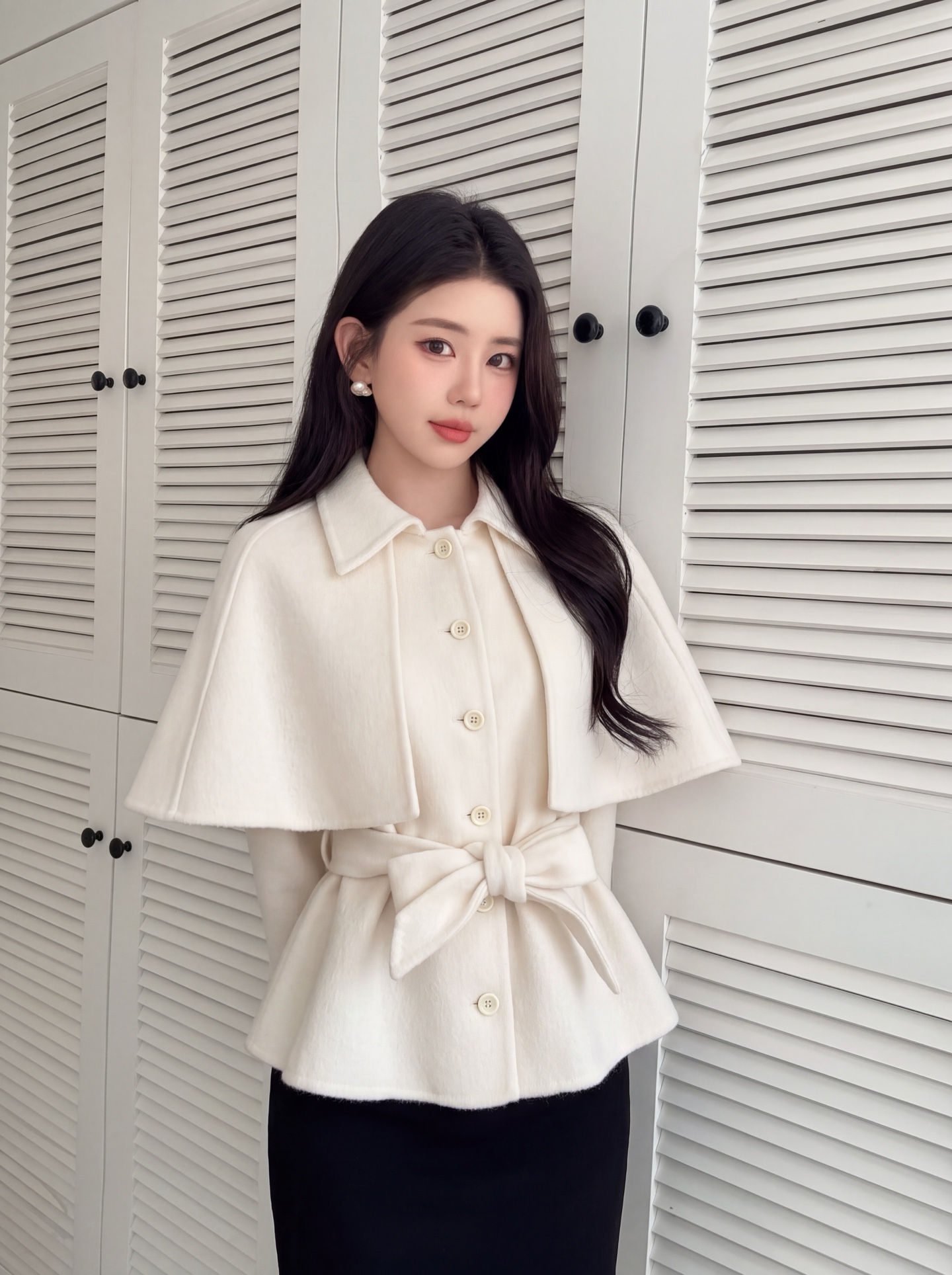 Chan 26fw woolen belted vest cape jacket sets