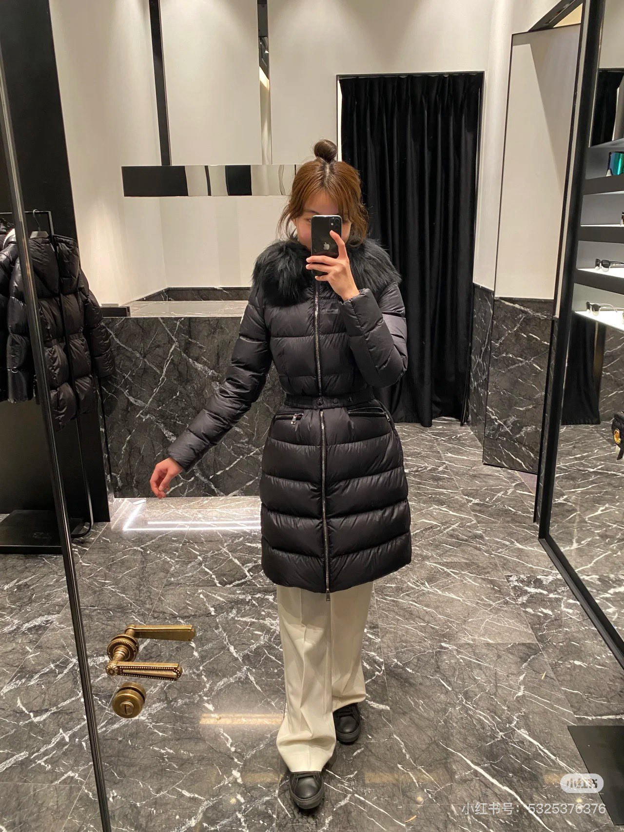 Monc 26fw belted hooded long down jacket