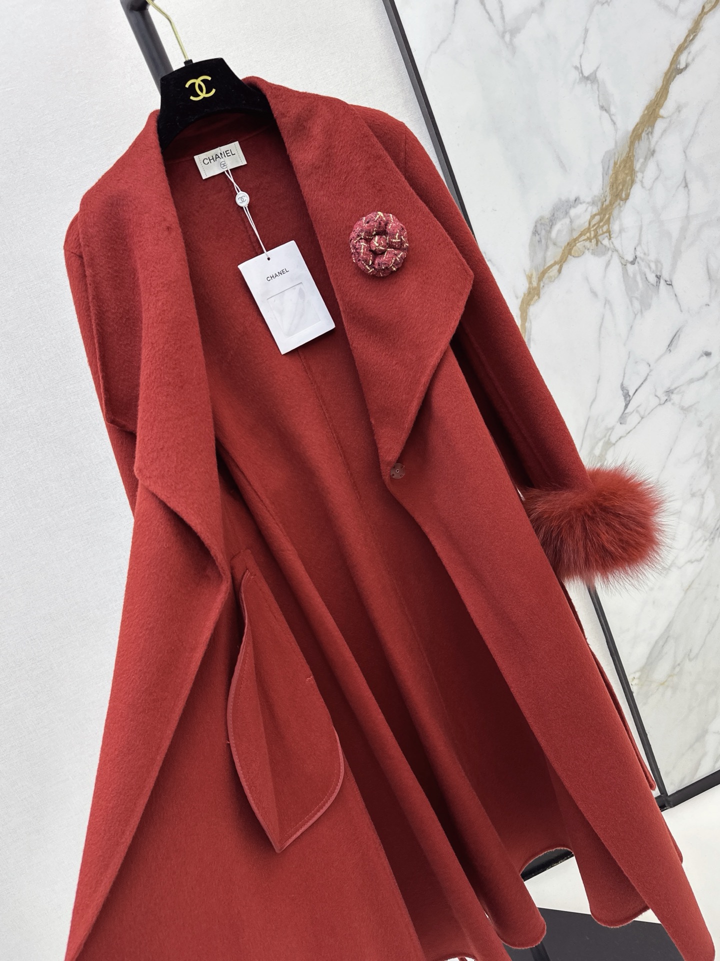 Chan 26fw belted long coat with fur-effect cuffs