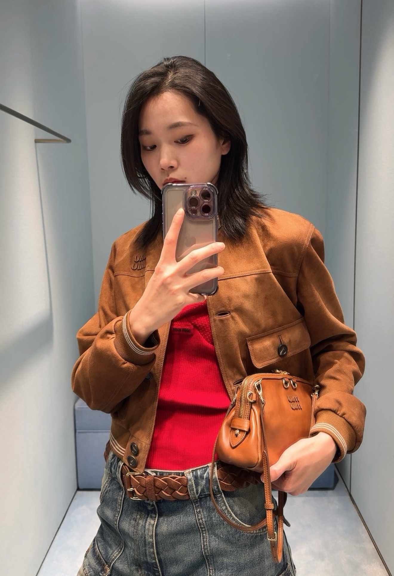 Miu 26fw cropped suede leather jacket