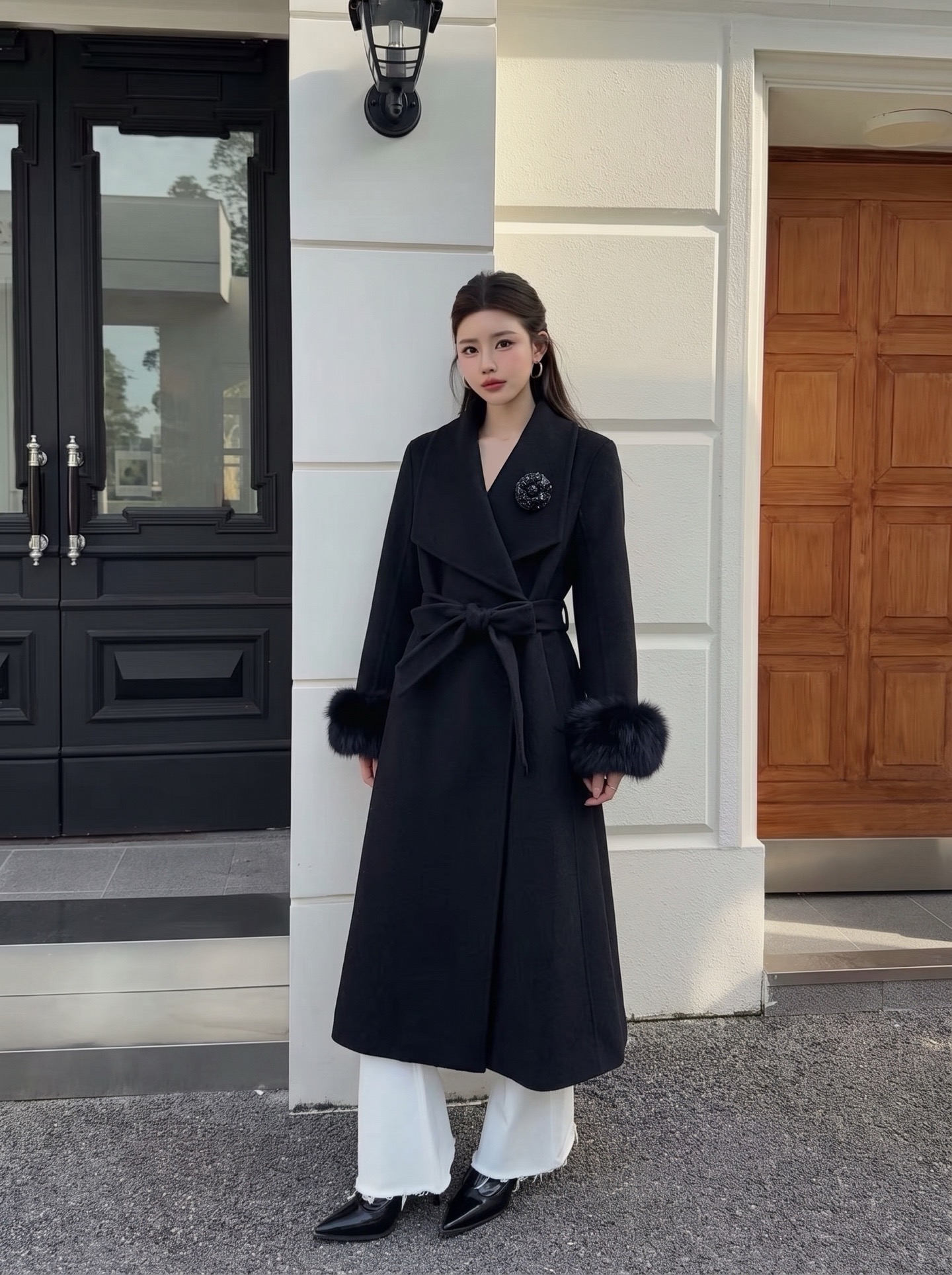 Chan 26fw belted long coat with fur-effect cuffs