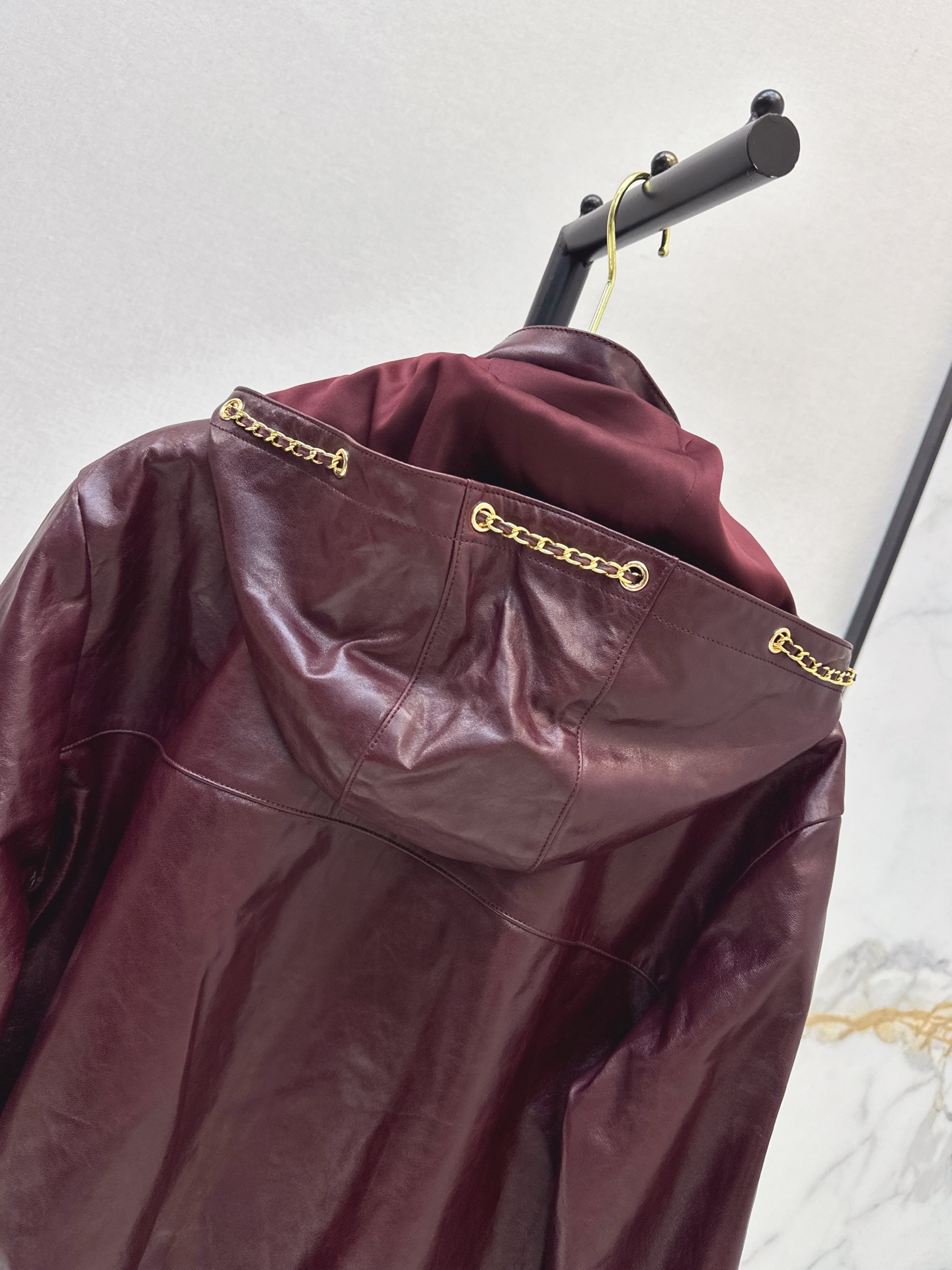 Chan 26ss leather hooded jacket