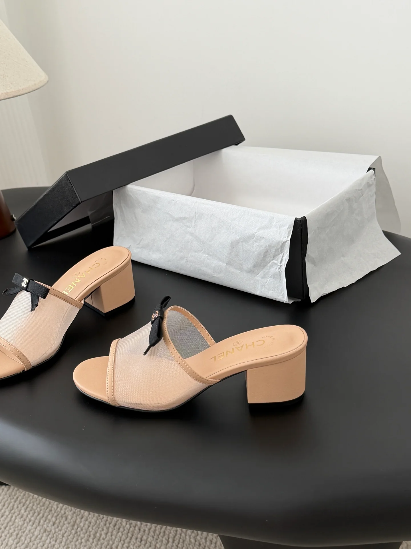 Chan 26ss bow mesh chunky heels slides