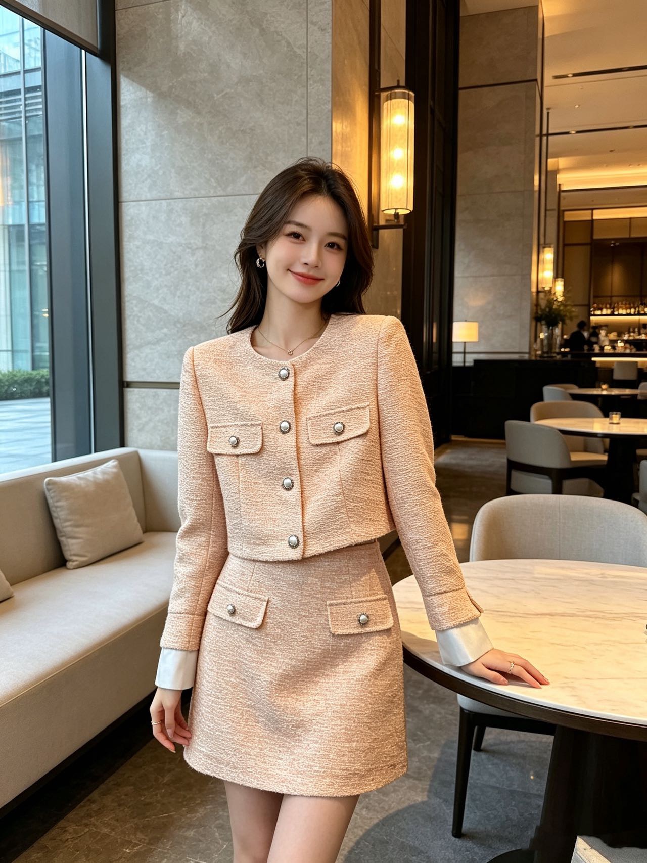 Chan 26fw cropped tweed jacket skirt sets
