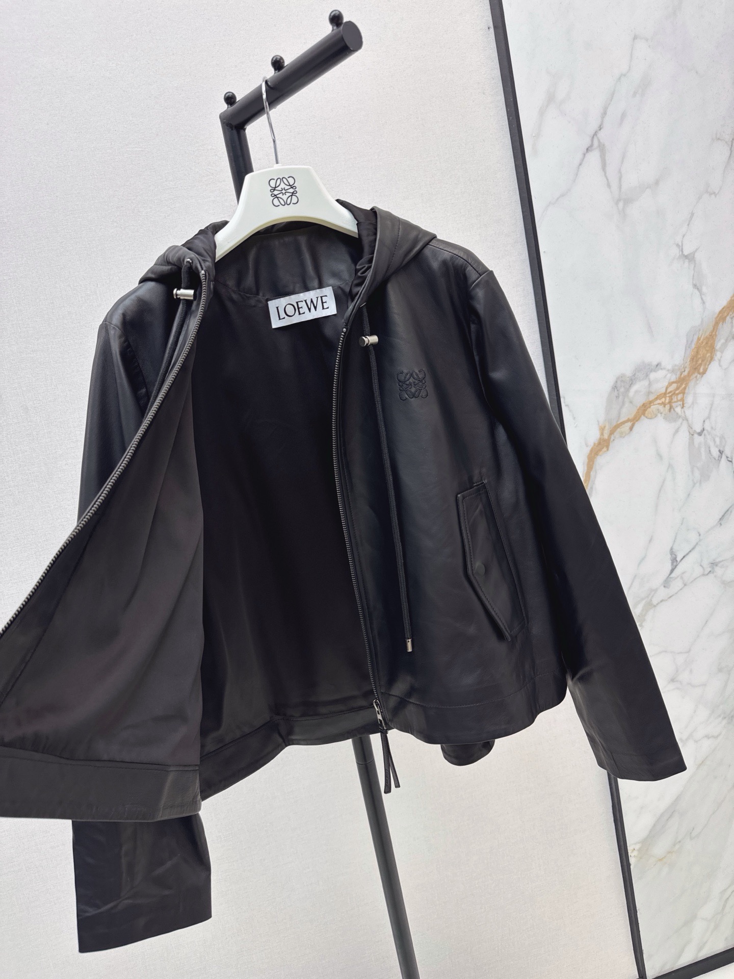 Loe 26fw leather hooded jacket