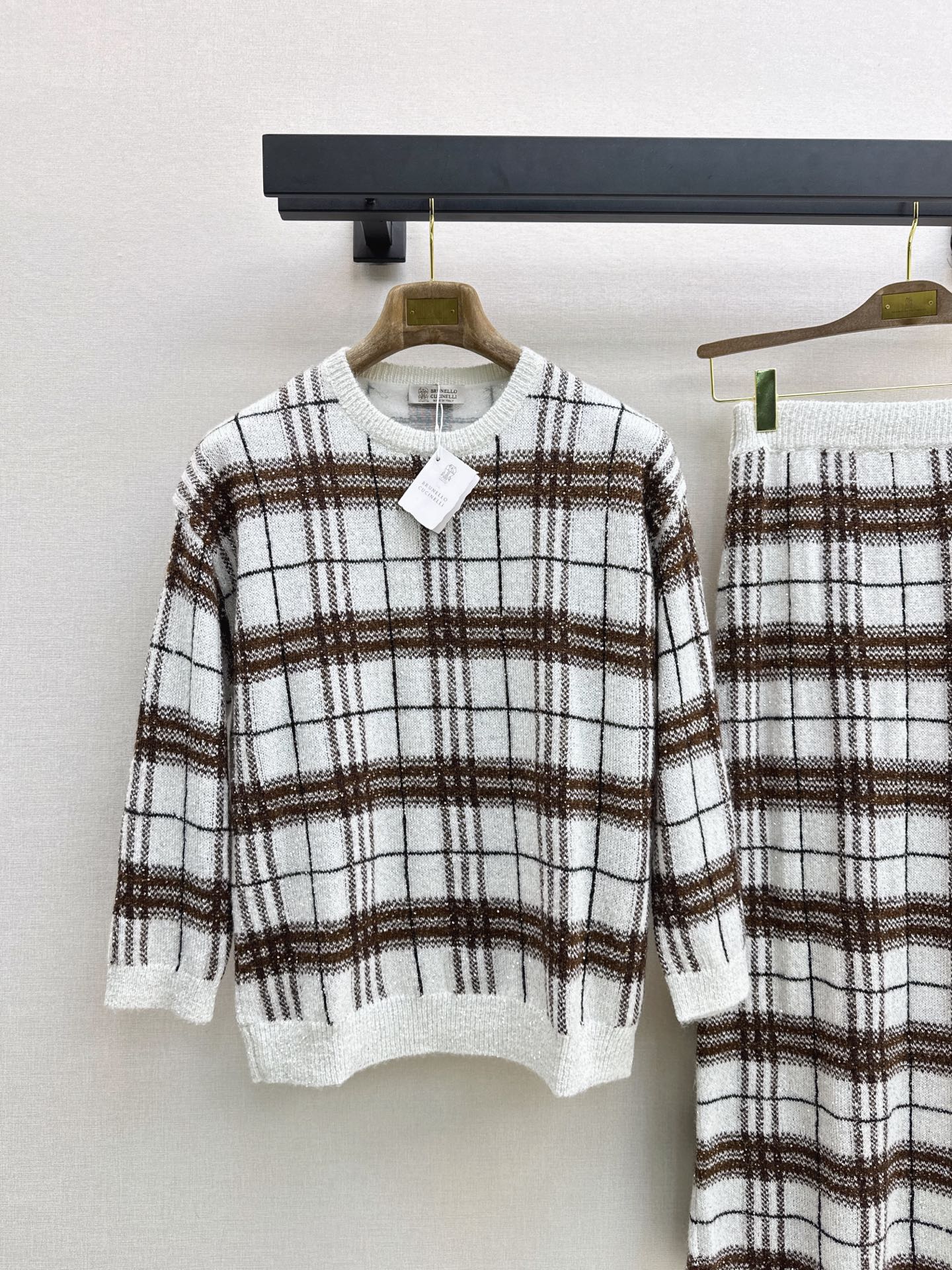 Brun 26fw check sweater skirt sets