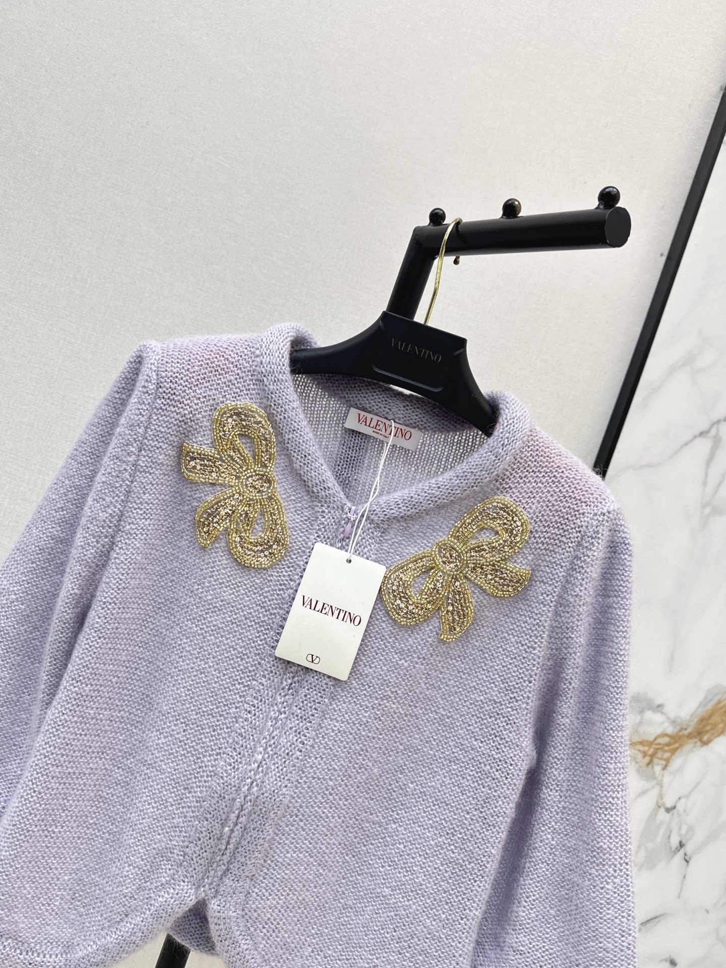 Valen 26fw bow sequin embroidery knit cardigan