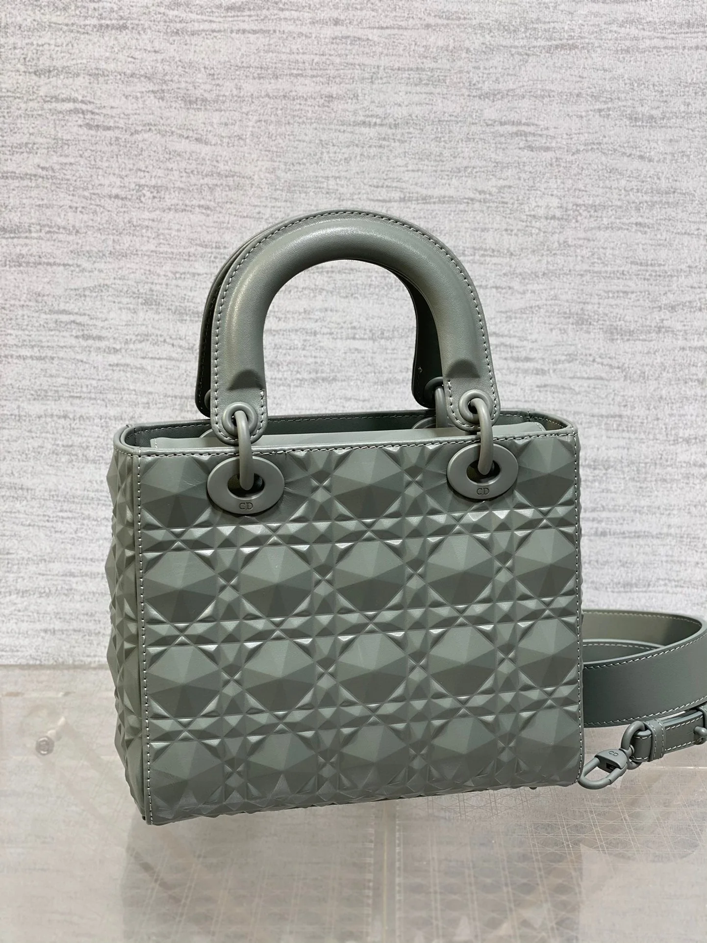 DO Mini Lady Bag  Stone Gray Diamond Pattern Calfskin