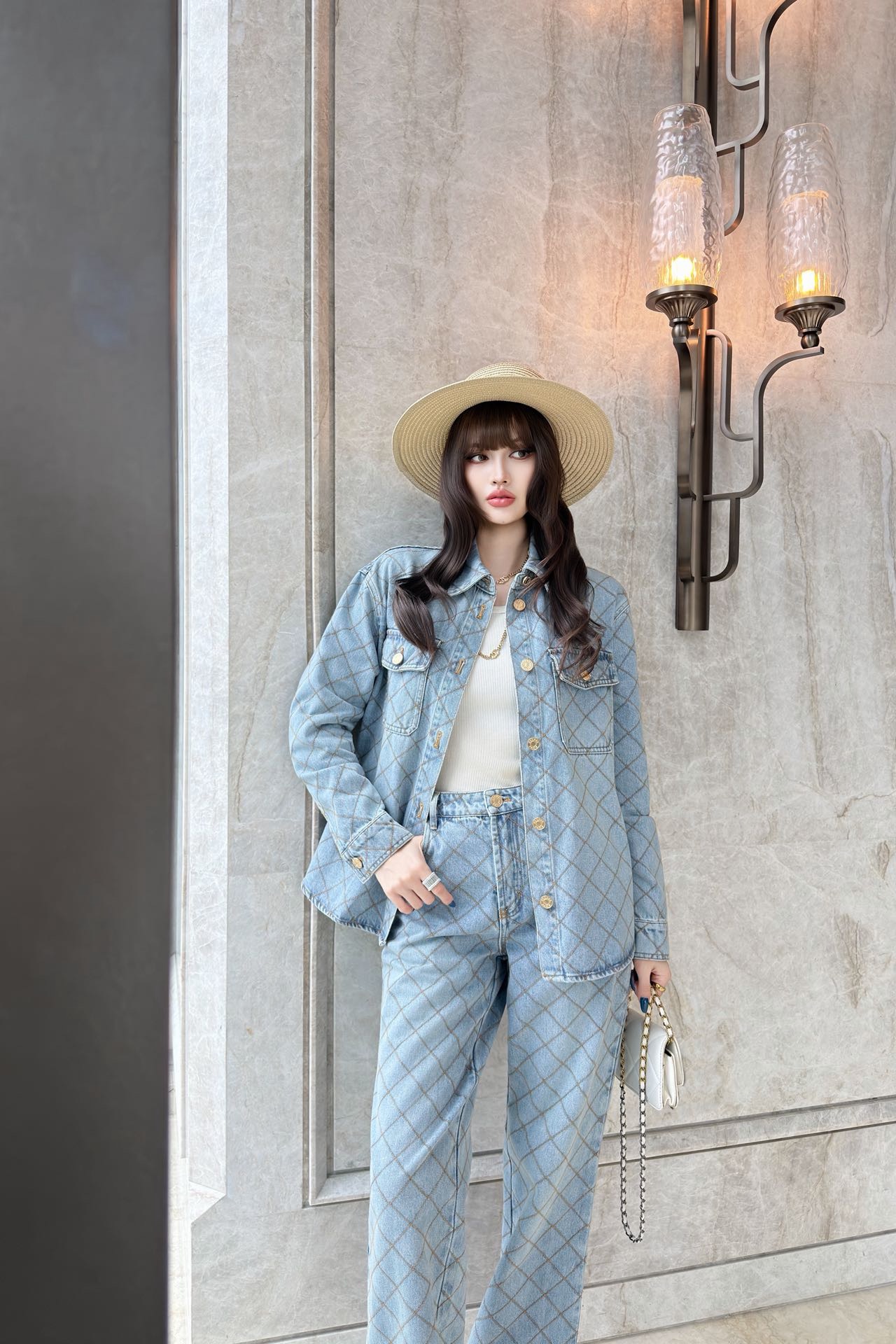 Chan 26fw diamond pattern denim shirt jacket
