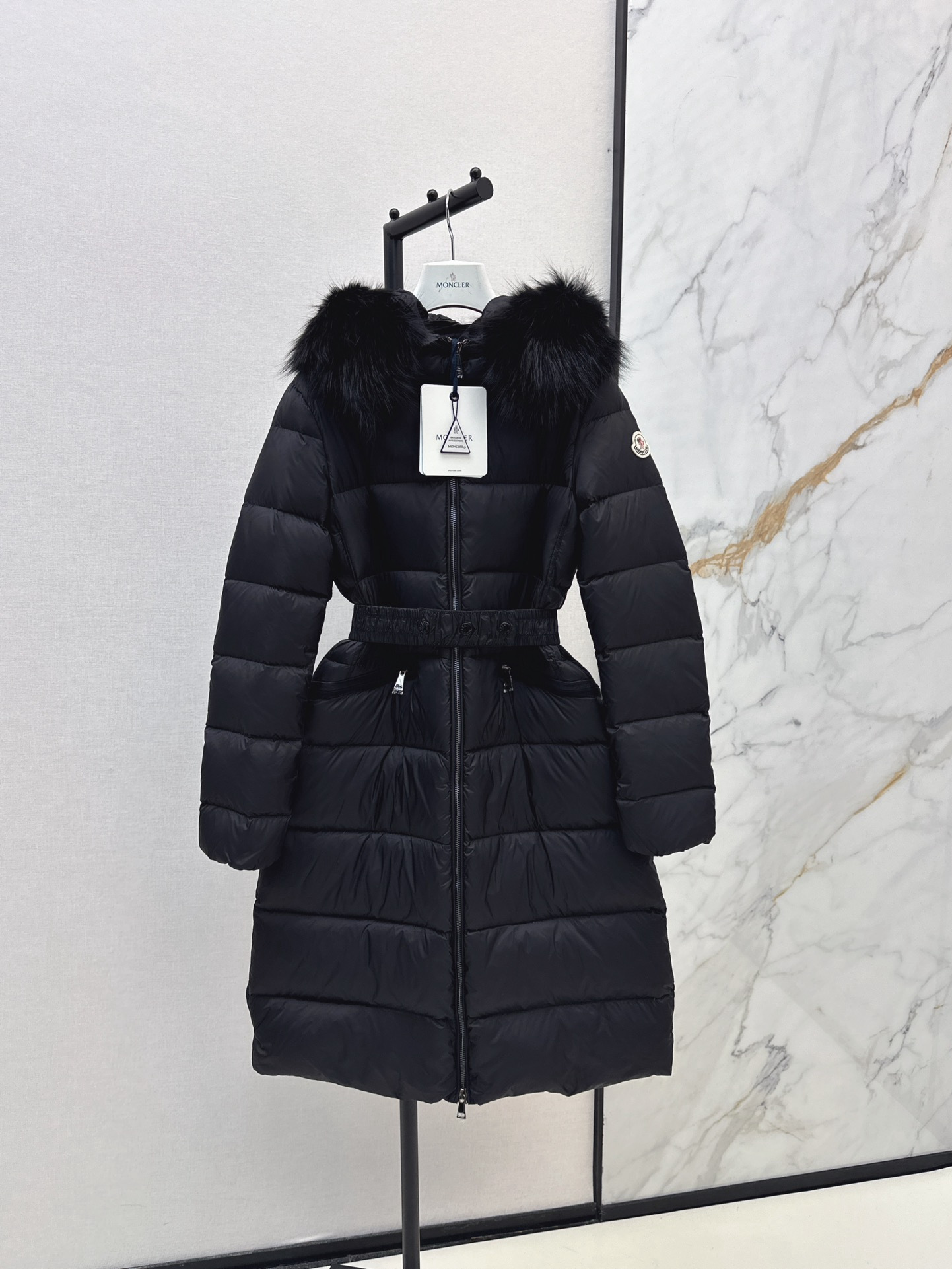 Monc 26fw belted hooded long down jacket