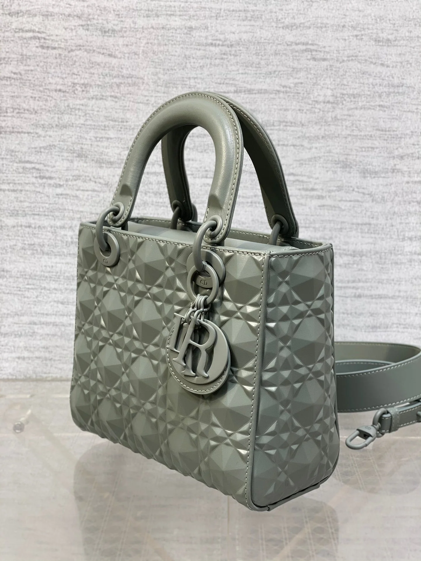 DO Mini Lady Bag  Stone Gray Diamond Pattern Calfskin