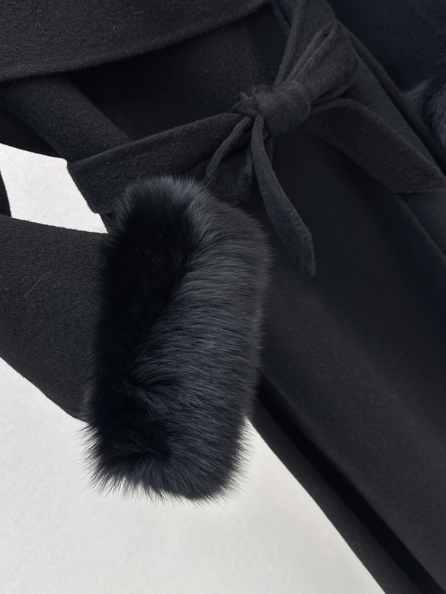 Chan 26fw belted long coat with fur-effect cuffs