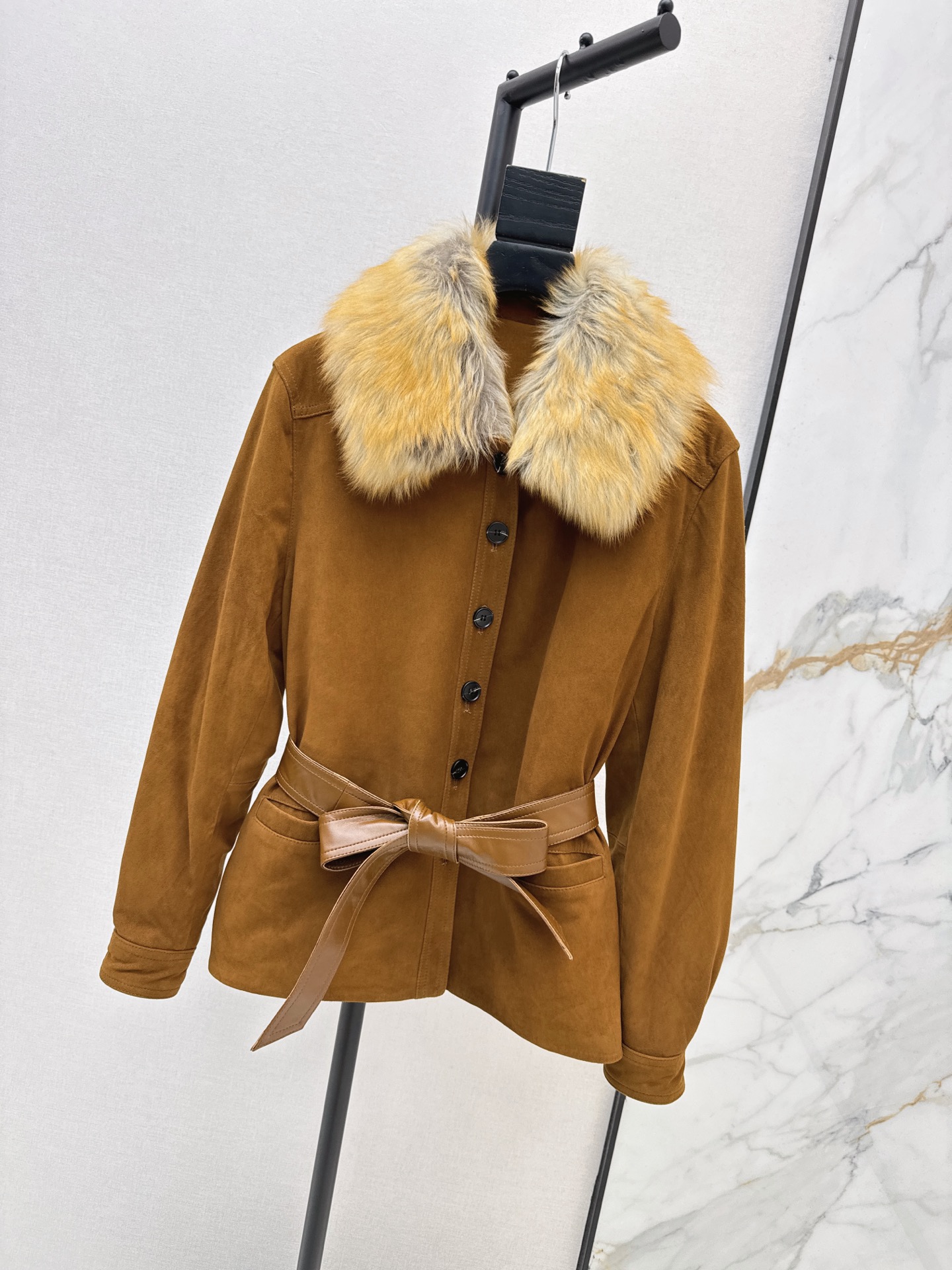 Sain 26fw suede fleece belted leather jacket
