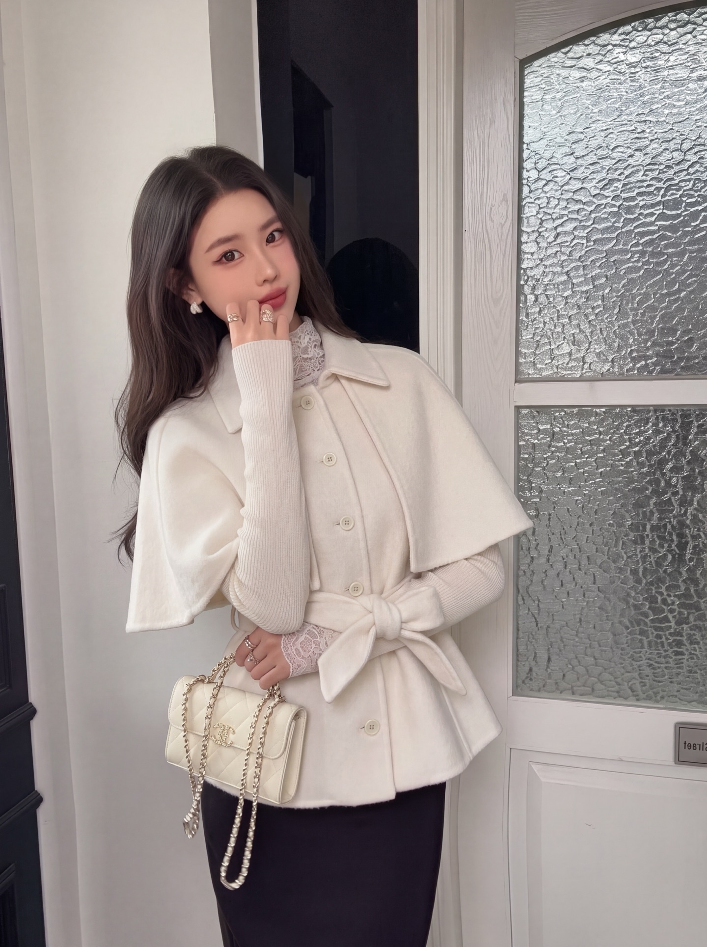 Chan 26fw woolen belted vest cape jacket sets
