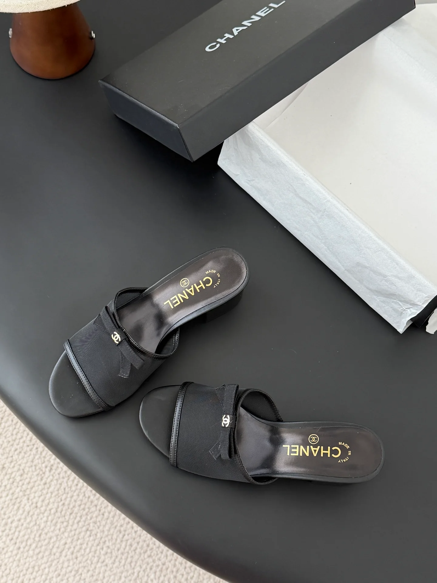 Chan 26ss bow mesh chunky heels slides