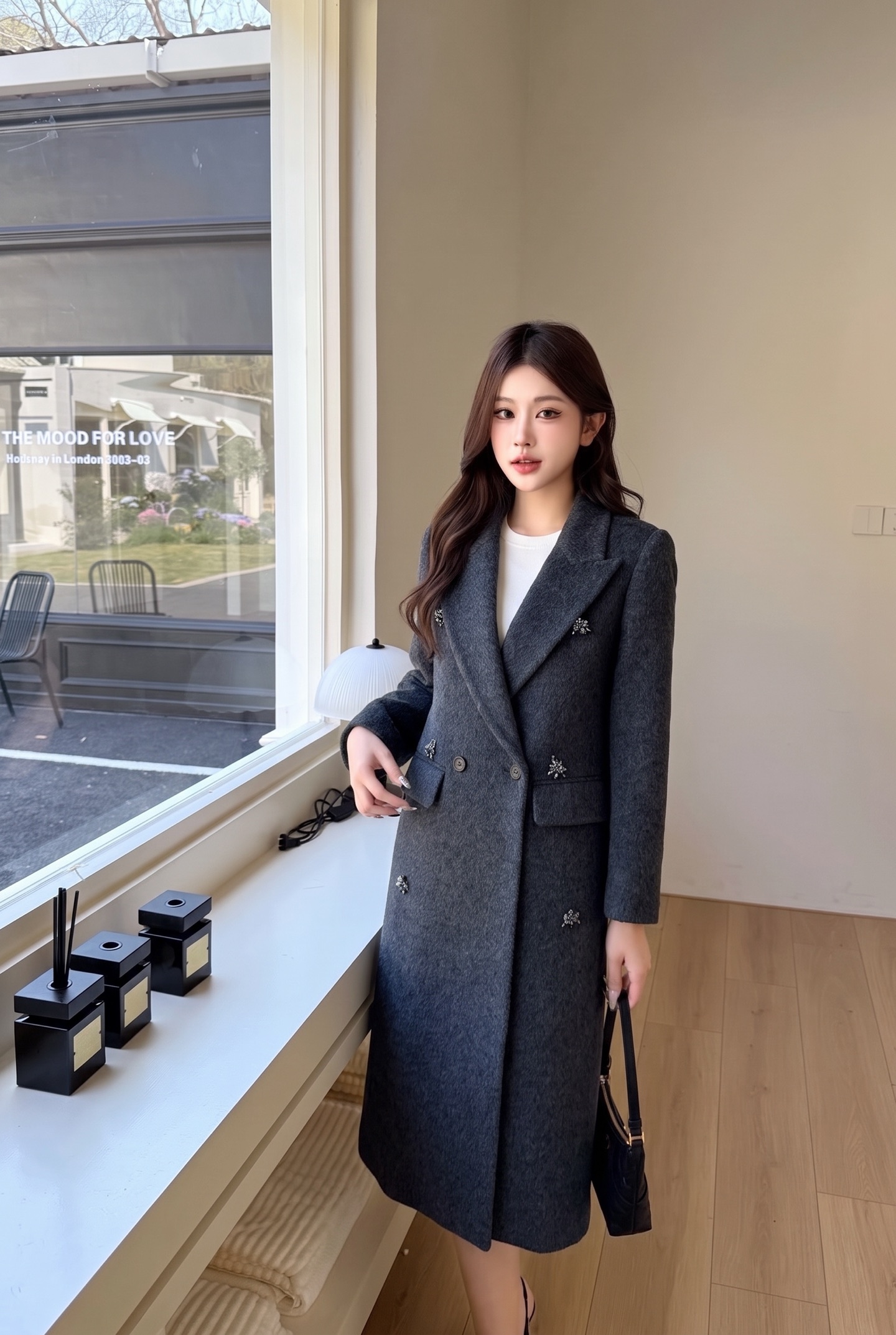 Miu 26fw rhinestone woolen overcoast