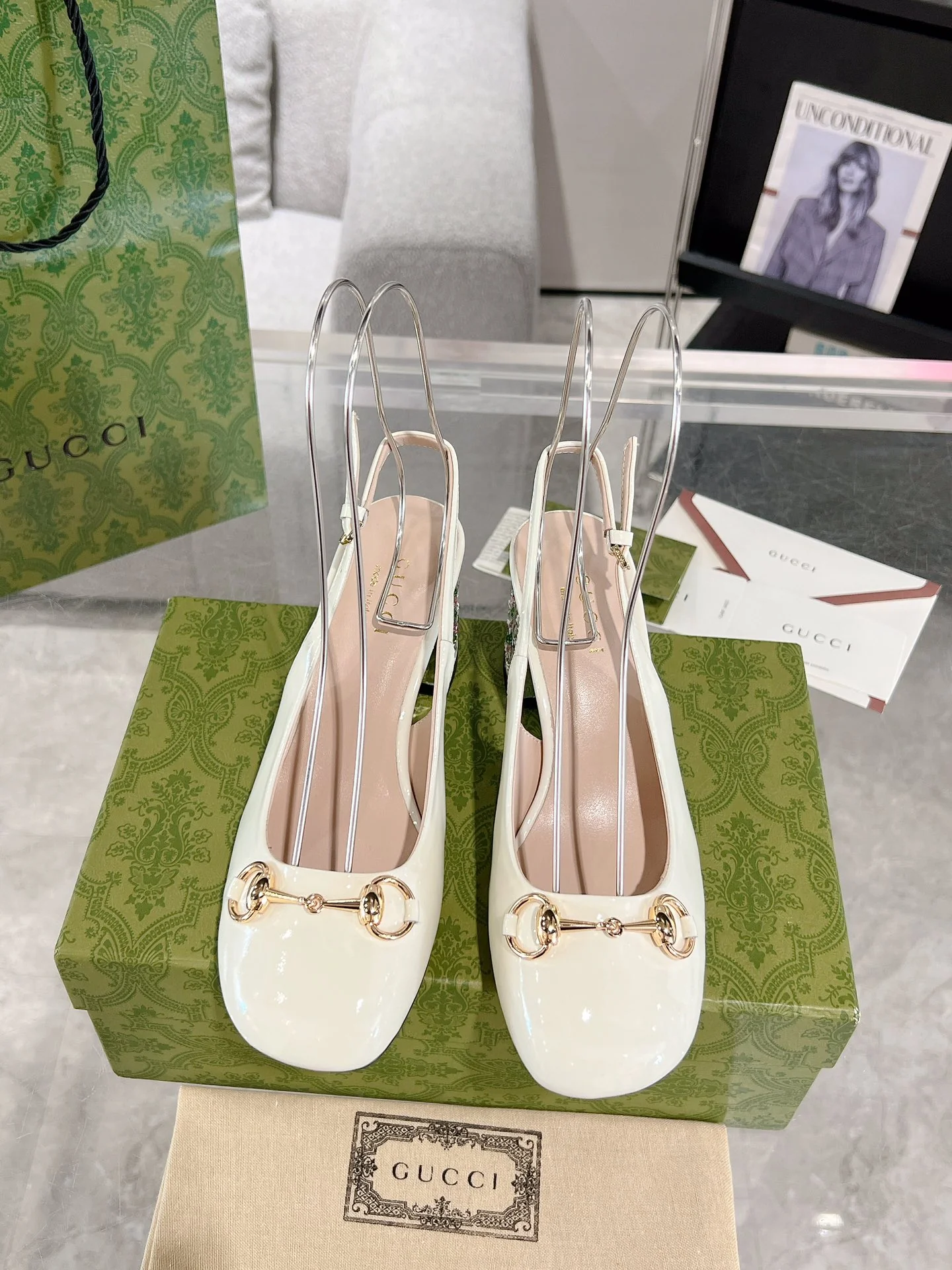 Gucc 26ss rhinestone slingback chunky heel