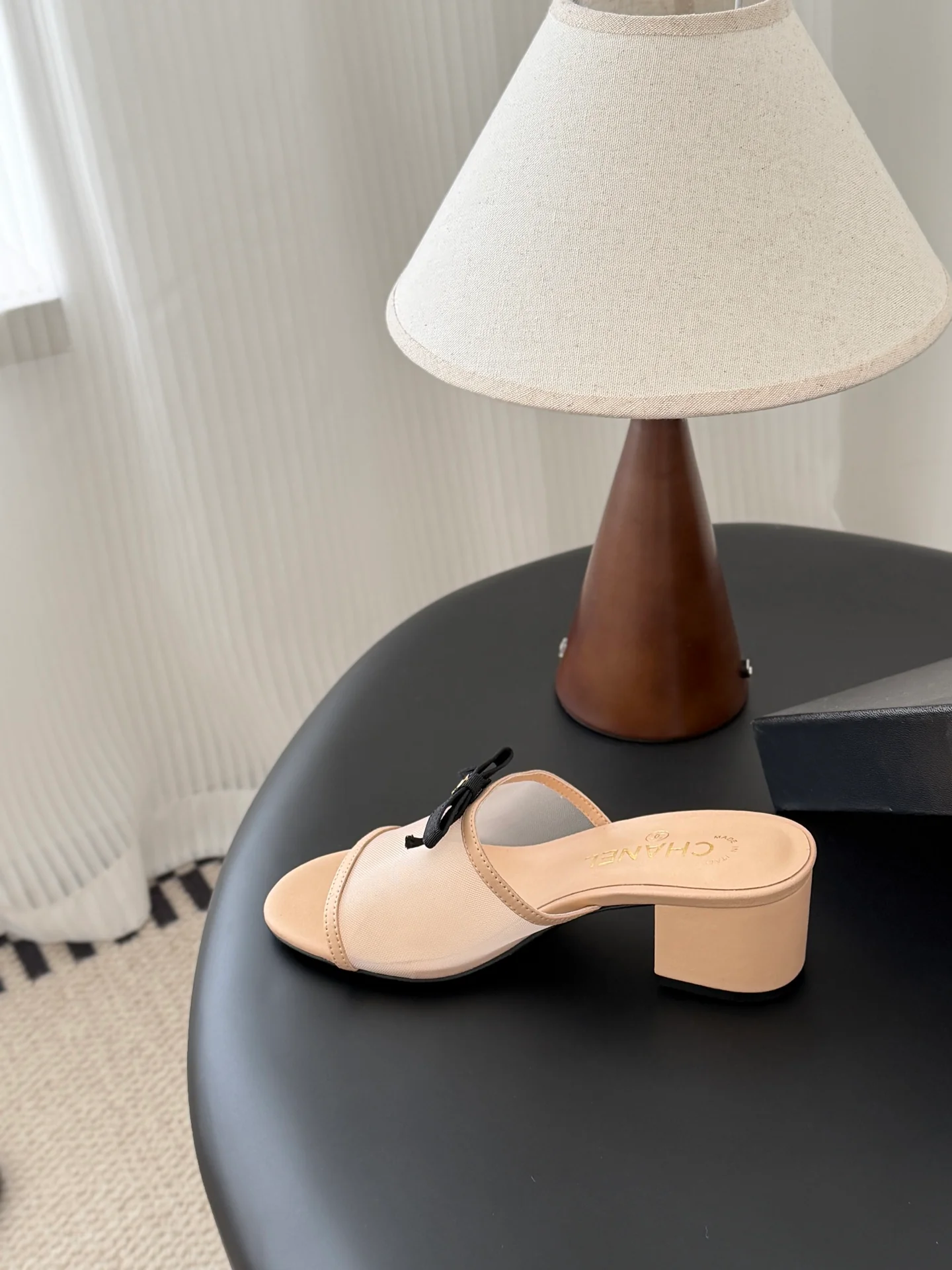 Chan 26ss bow mesh chunky heels slides