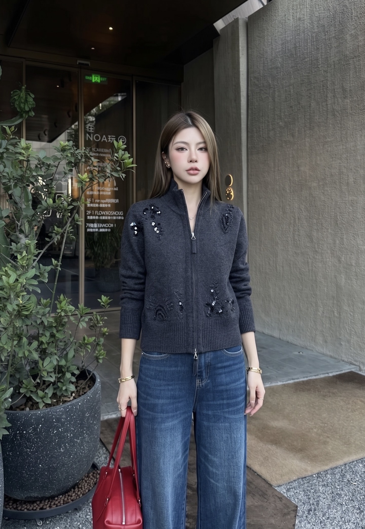 Brun 26fw embroidery zipper cardigan