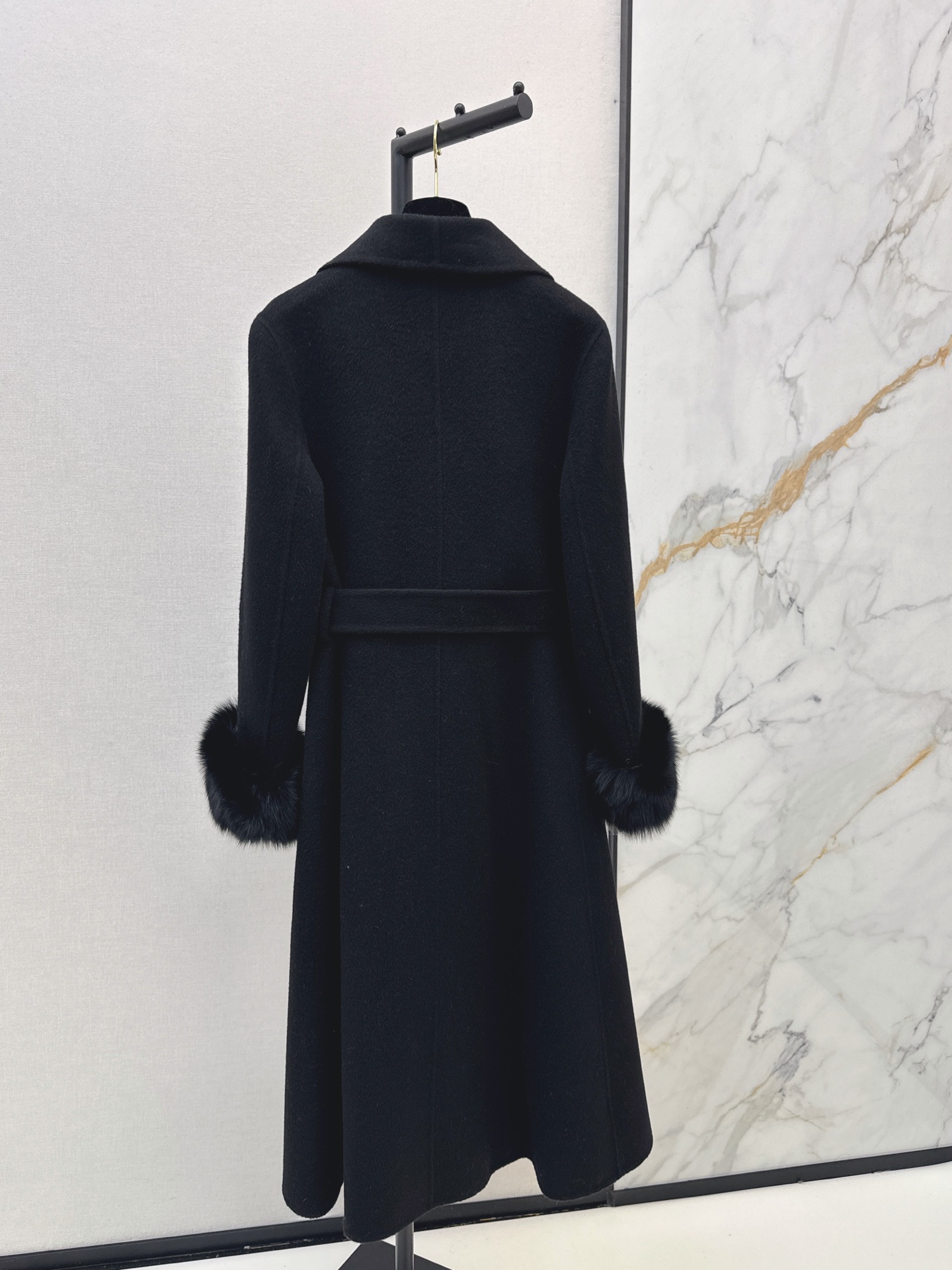 Chan 26fw belted long coat with fur-effect cuffs