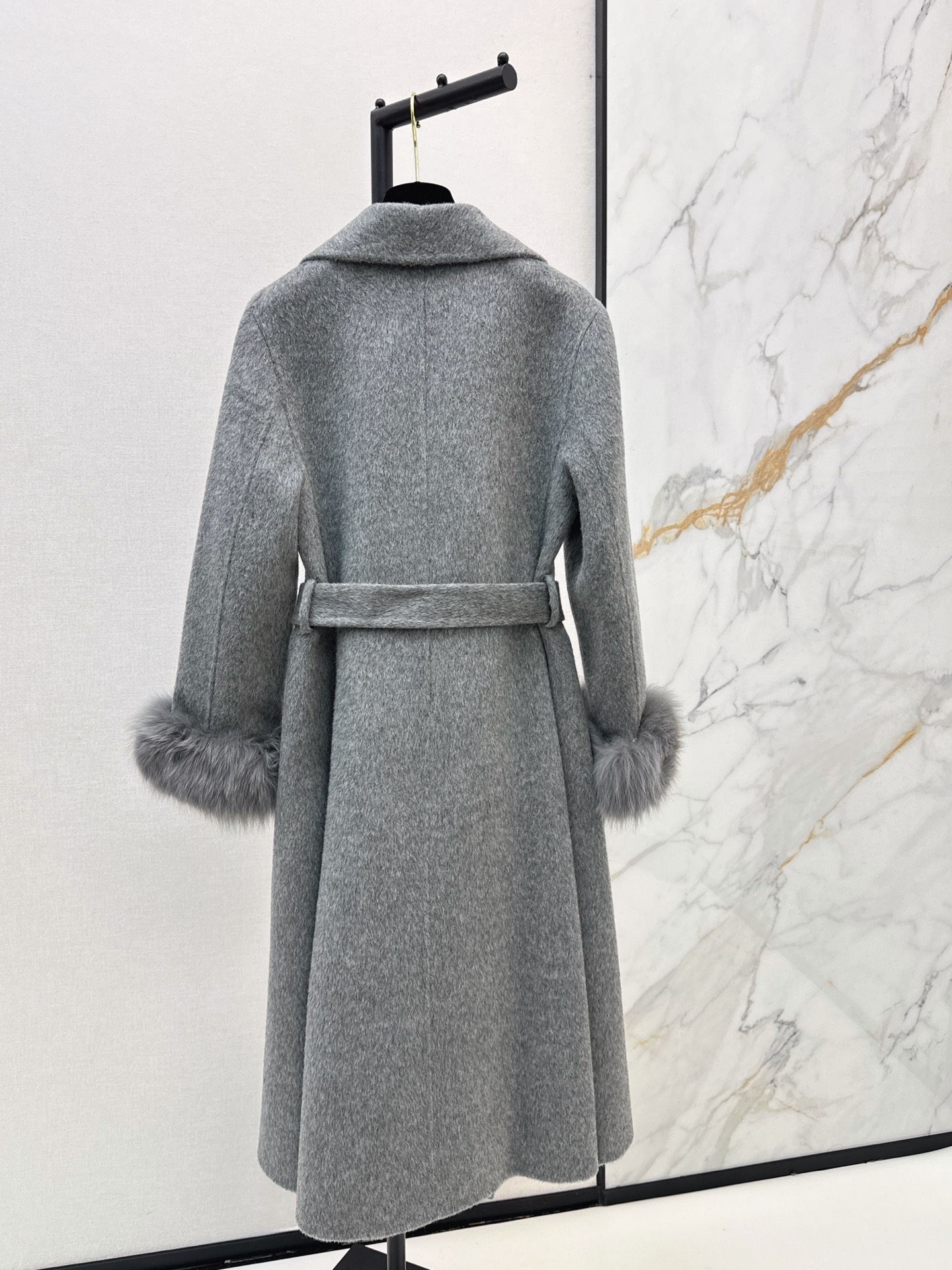 Chan 26fw belted long coat with fur-effect cuffs