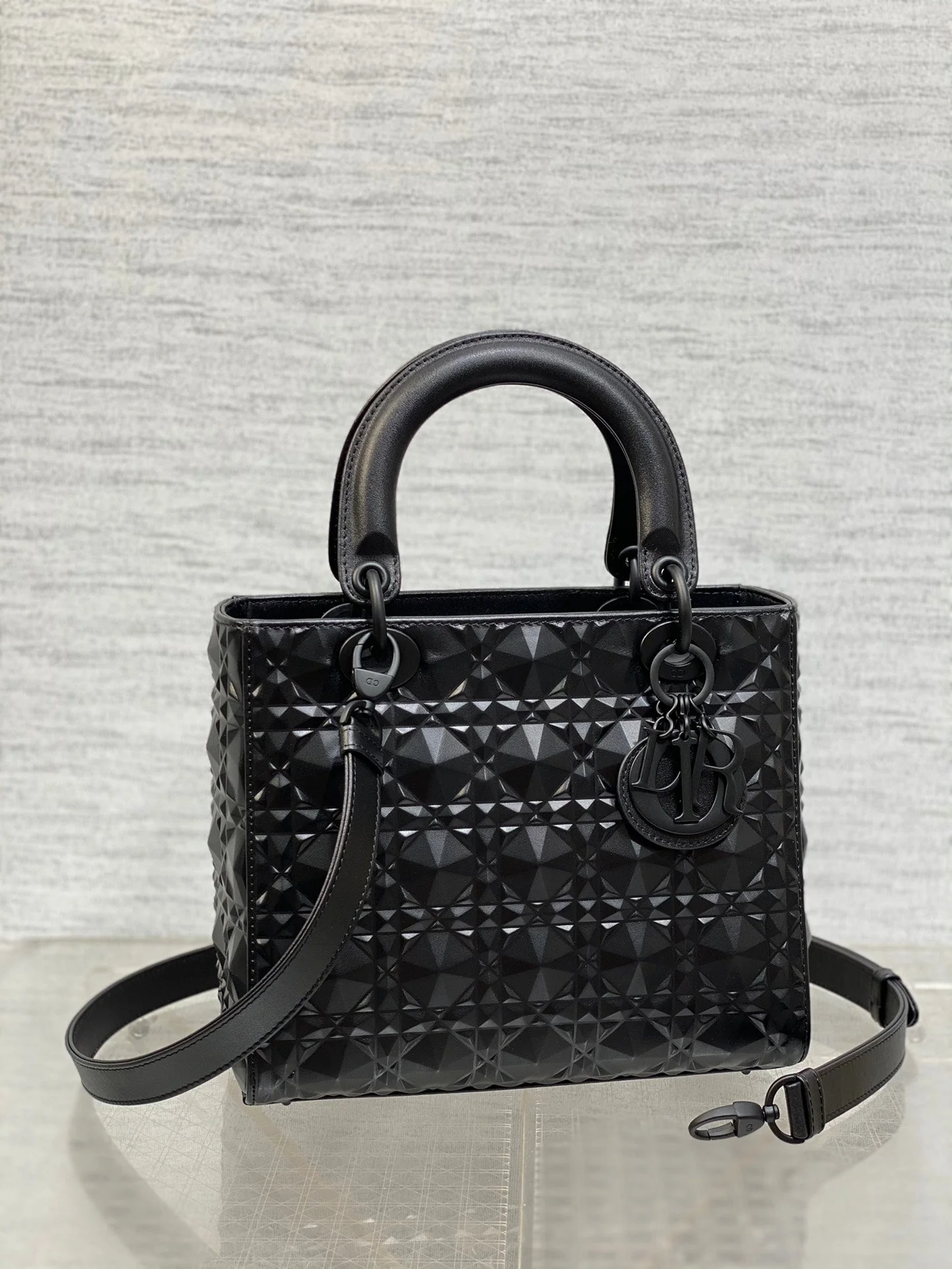 DO  Mini Lady Bag  Matte Black Diamond Pattern Calfskin