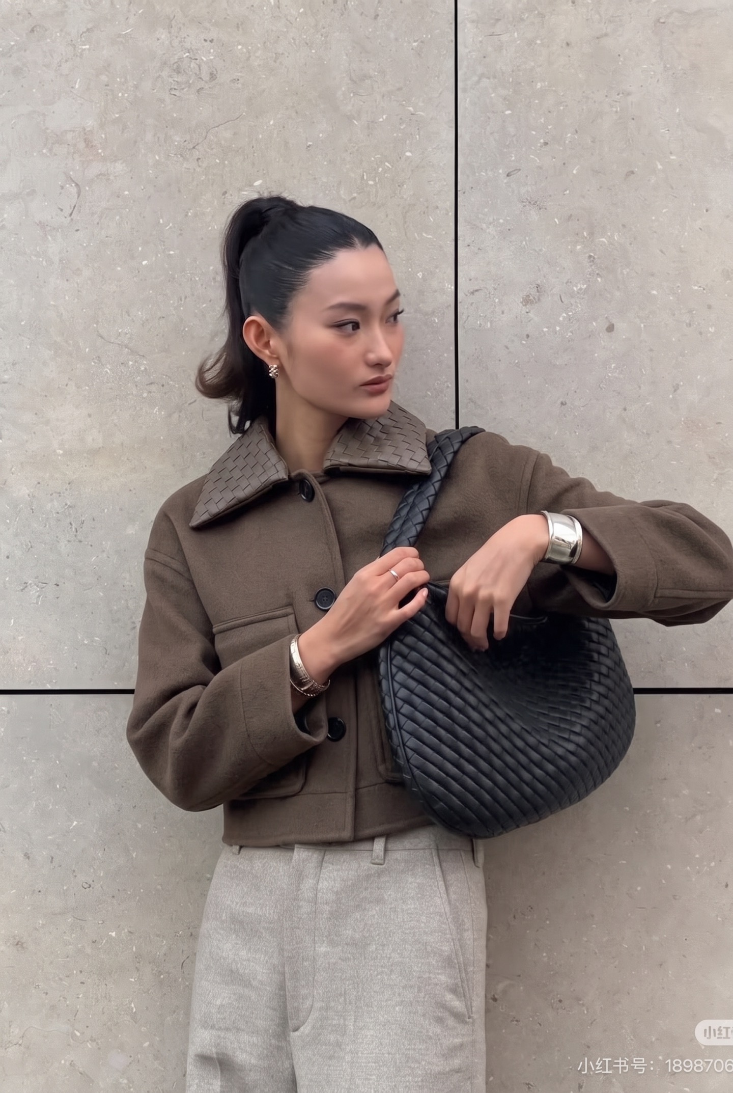 Bott 26fw leather woven neck cropped jacket