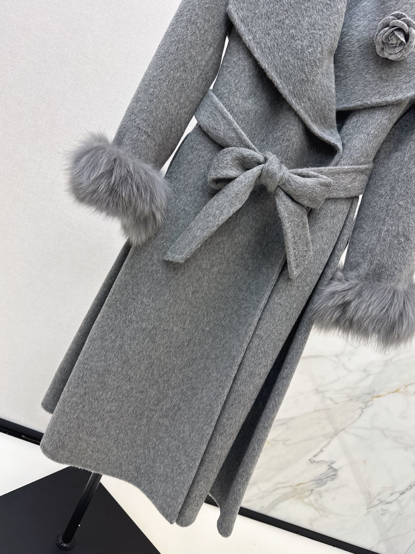 Chan 26fw belted long coat with fur-effect cuffs