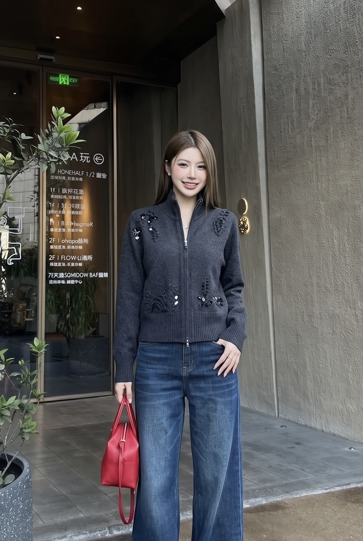 Brun 26fw embroidery zipper cardigan