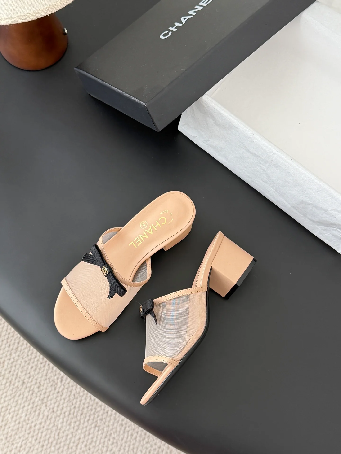 Chan 26ss bow mesh chunky heels slides