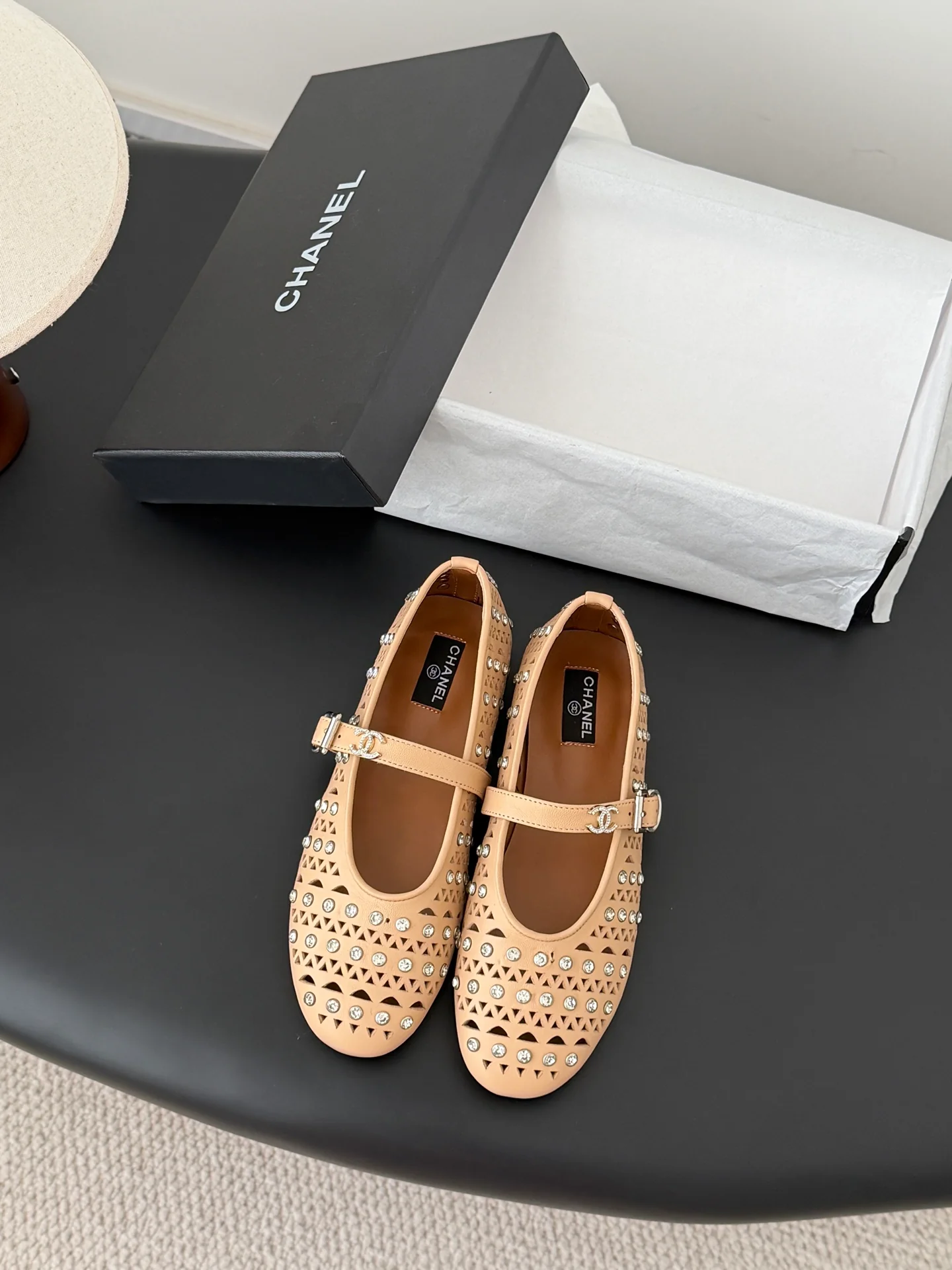 Chan 26ss mary jane hollow rhinestone shoes