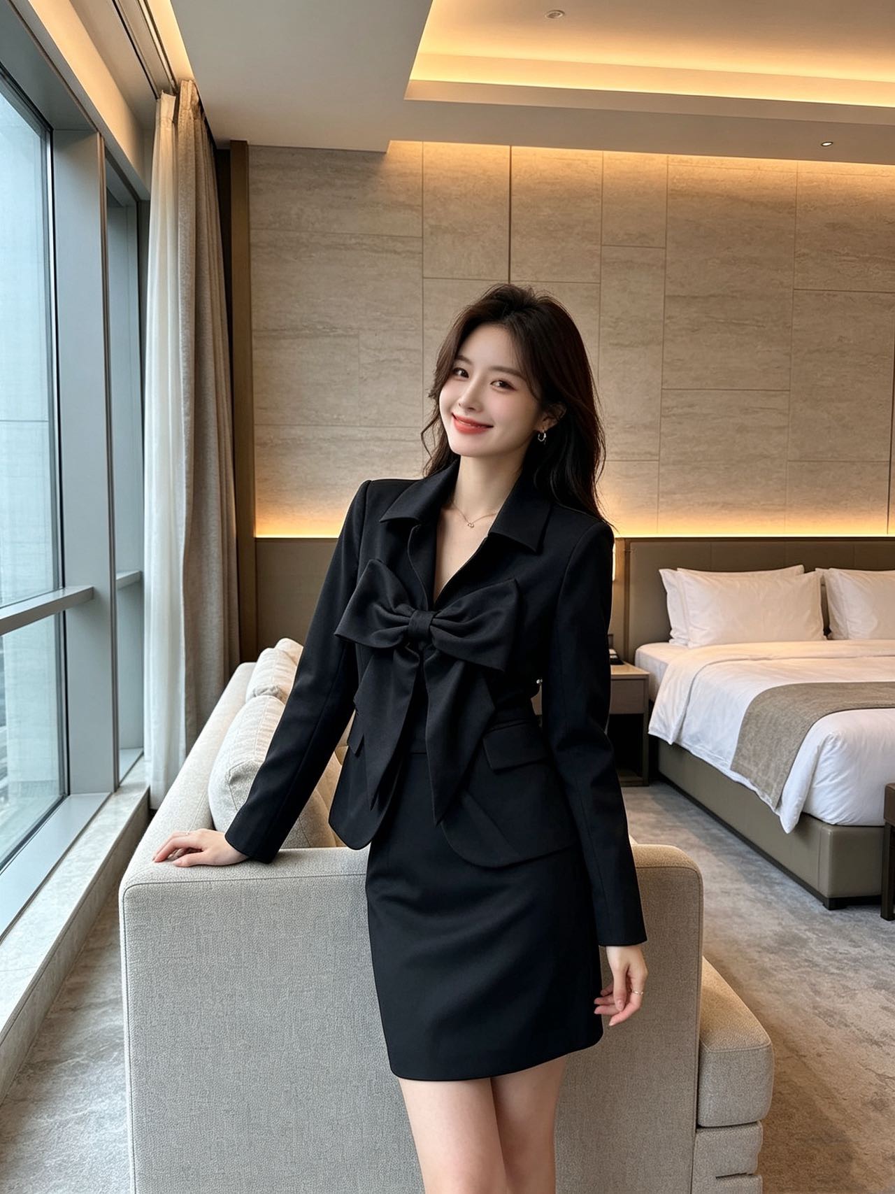 Chan 26fw bow blazer A-line skirt sets