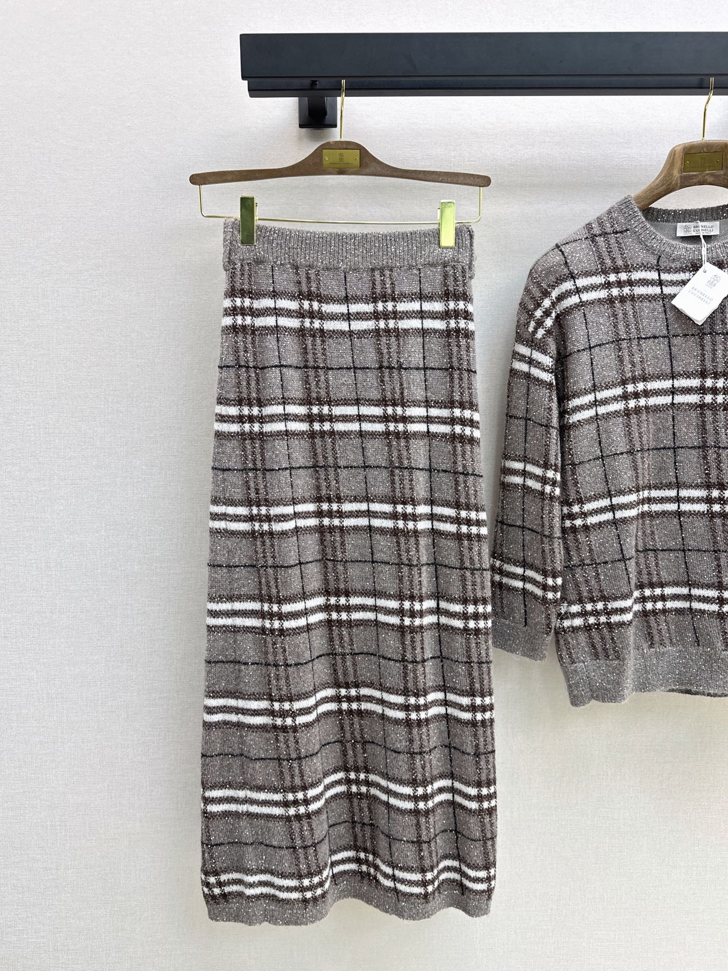 Brun 26fw check sweater skirt sets